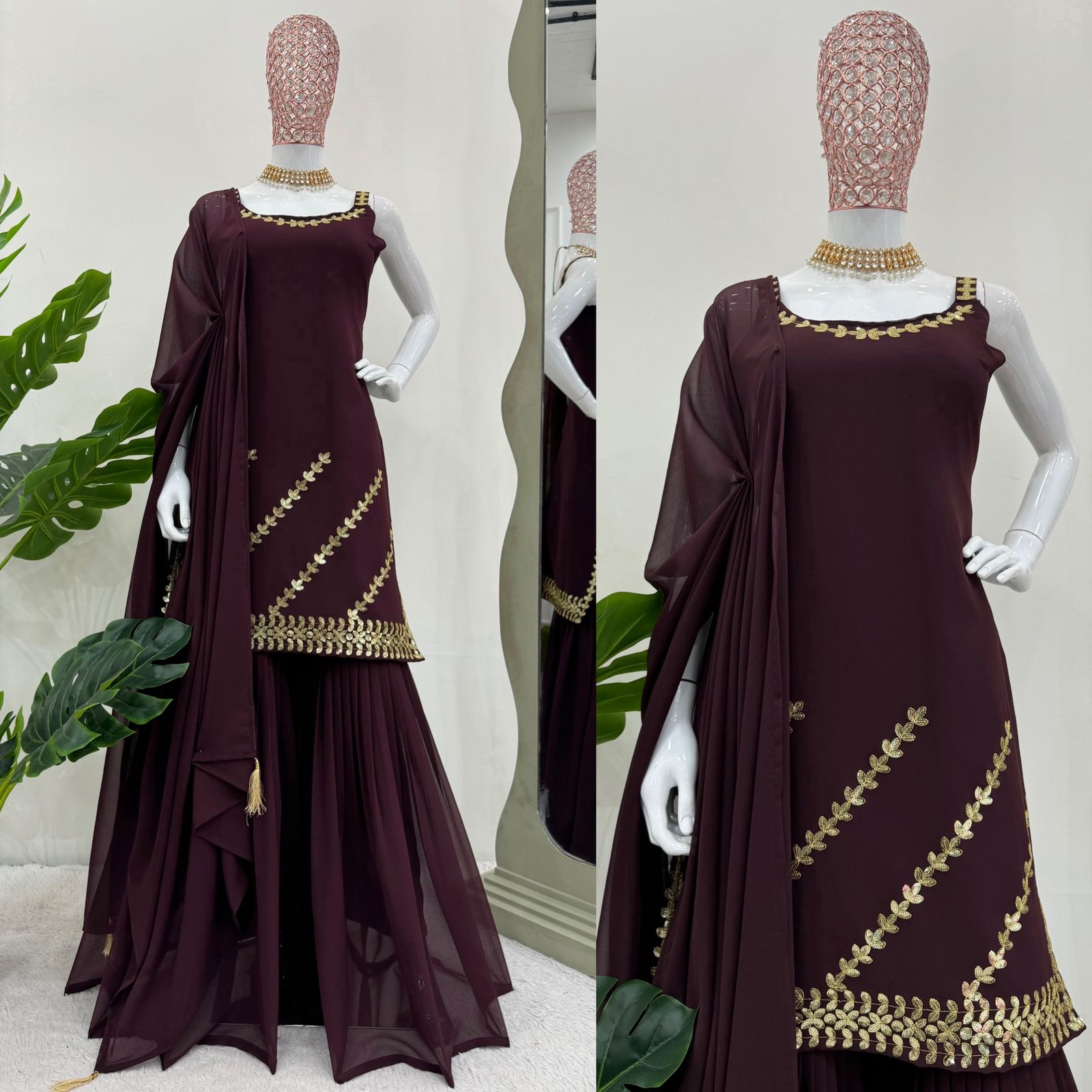 Dazzling Brown Color Foux Georgette Thread With Sequence Designer Sharara Suit