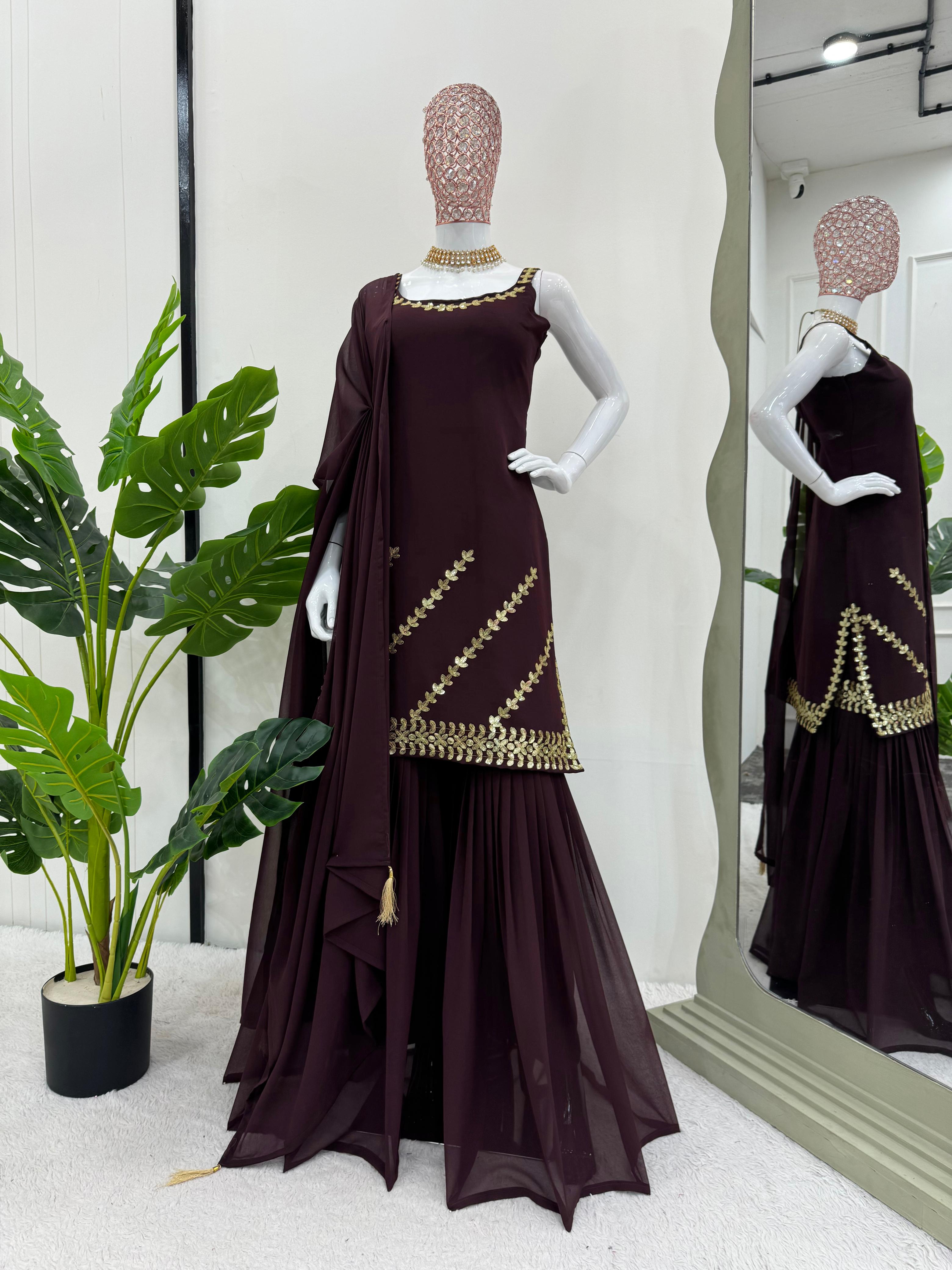 Dazzling Brown Color Foux Georgette Thread With Sequence Designer Sharara Suit