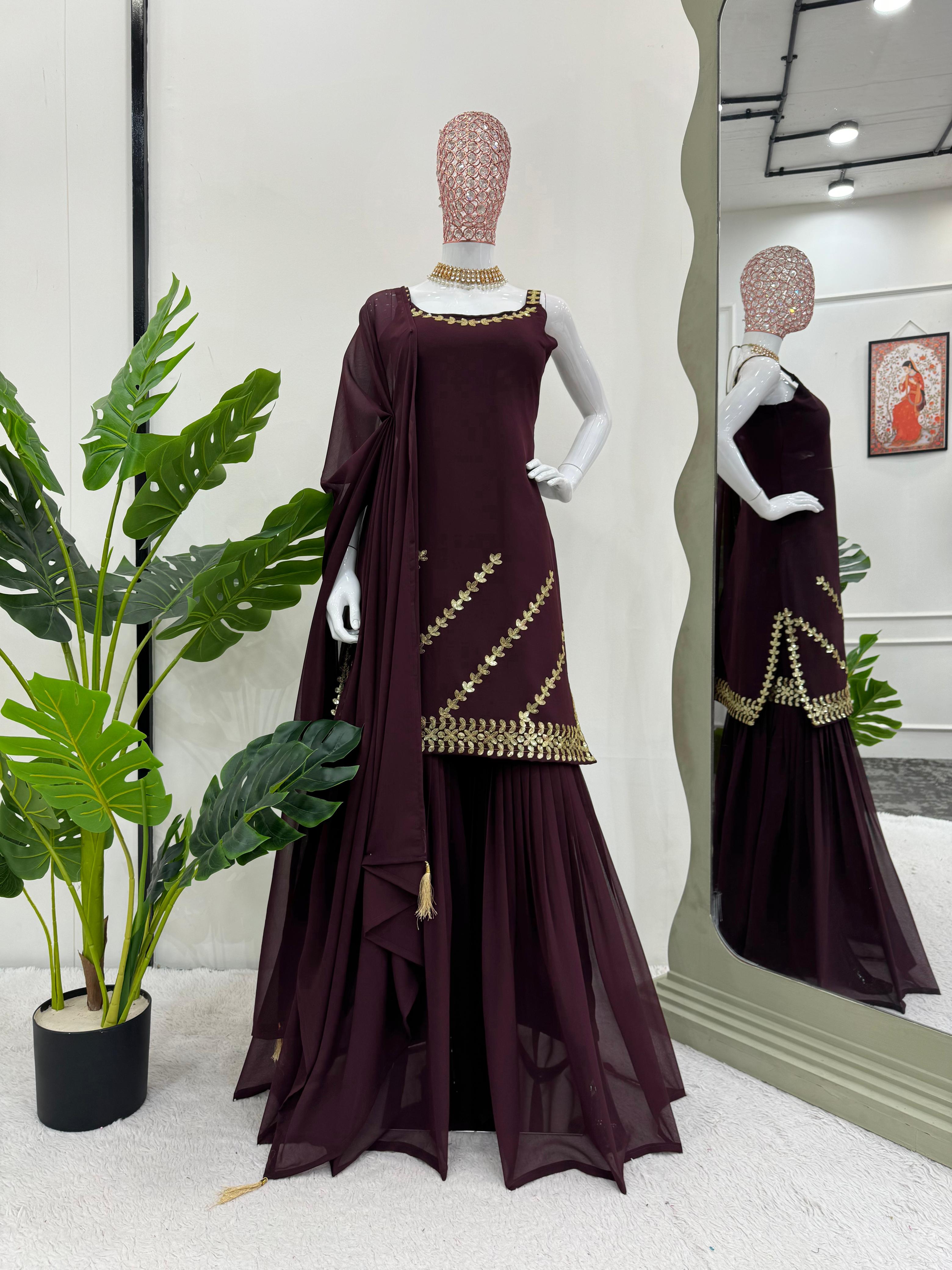 Dazzling Brown Color Foux Georgette Thread With Sequence Designer Sharara Suit