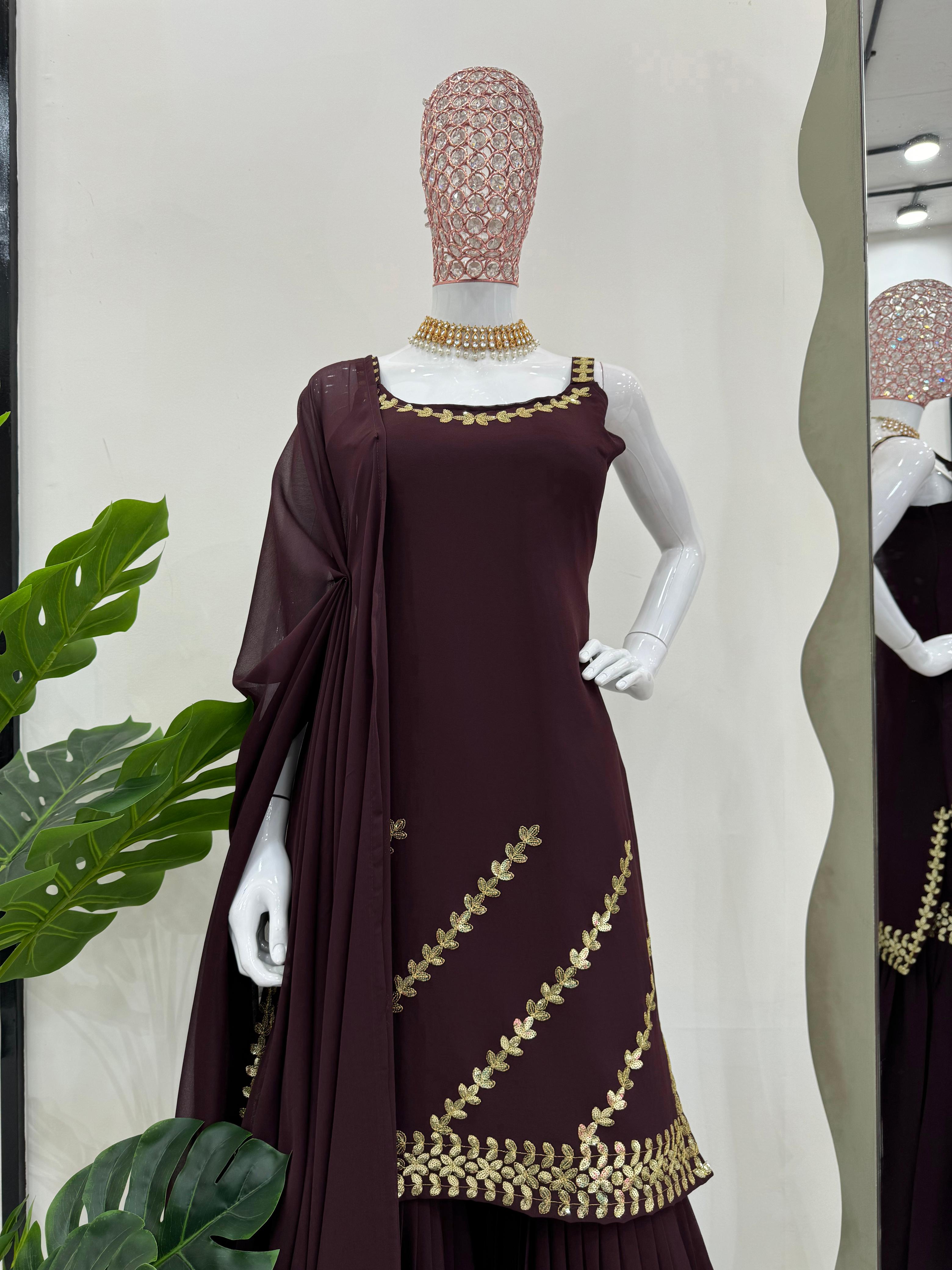 Dazzling Brown Color Foux Georgette Thread With Sequence Designer Sharara Suit