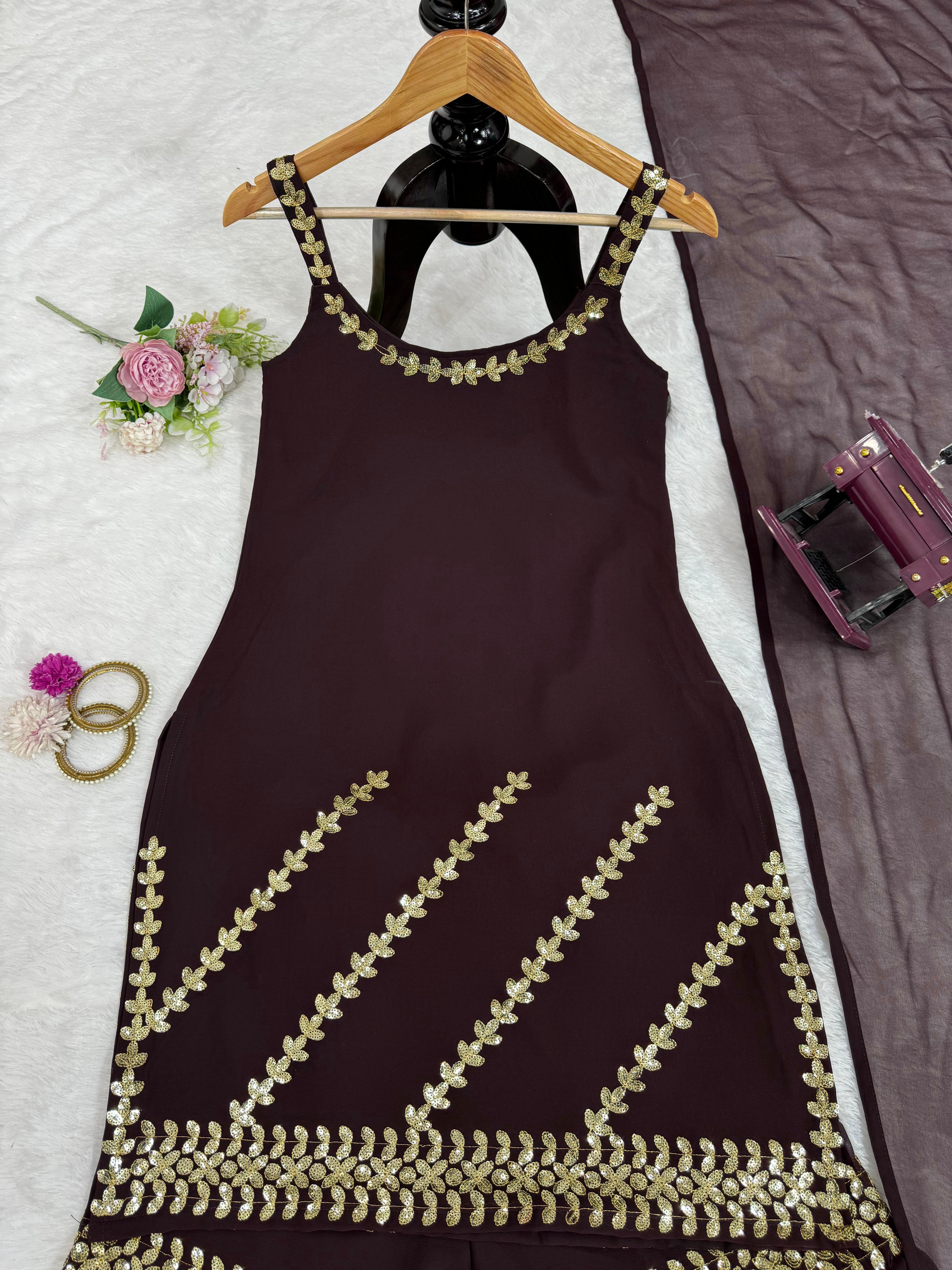 Dazzling Brown Color Foux Georgette Thread With Sequence Designer Sharara Suit