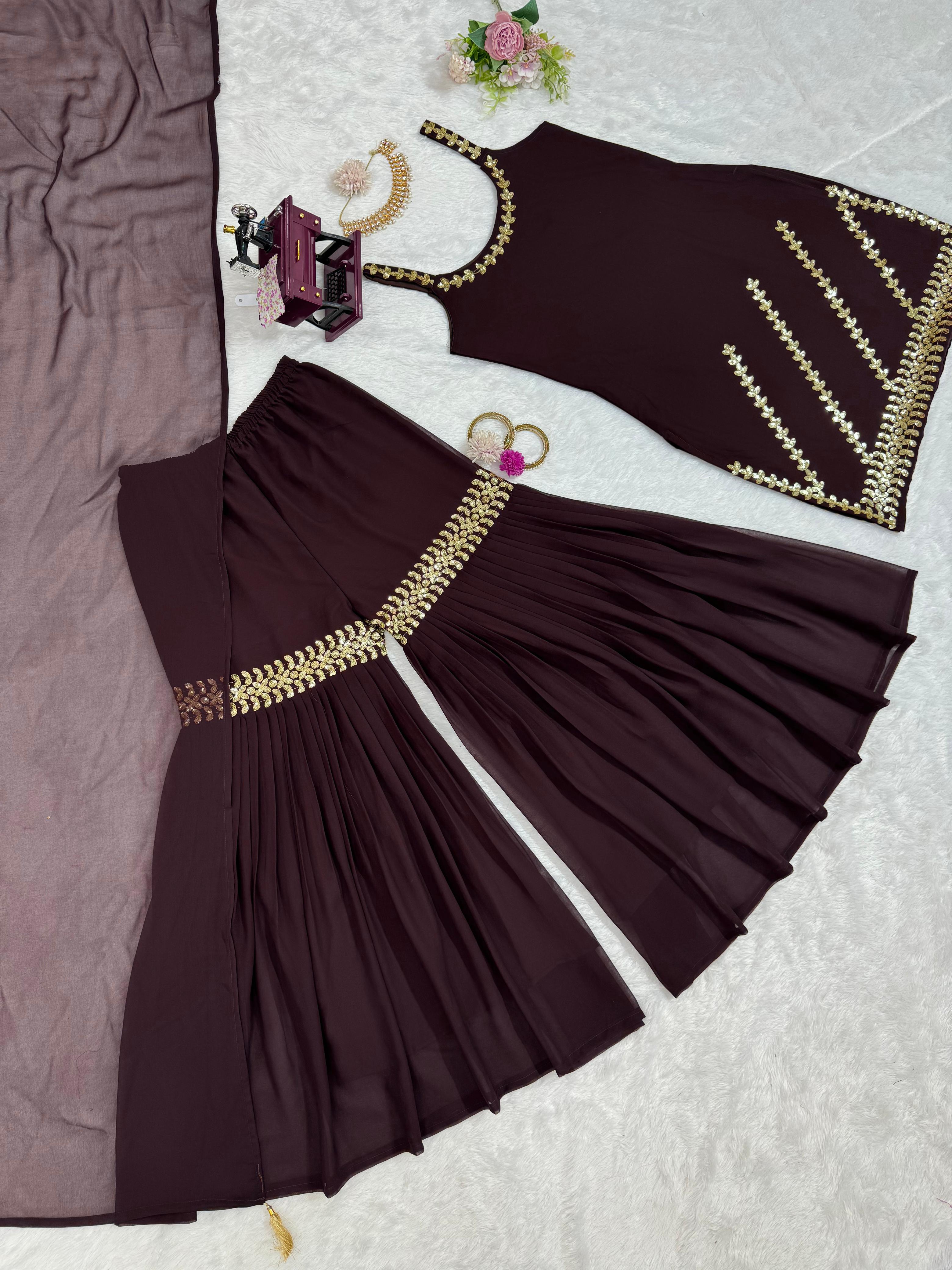 Dazzling Brown Color Foux Georgette Thread With Sequence Designer Sharara Suit