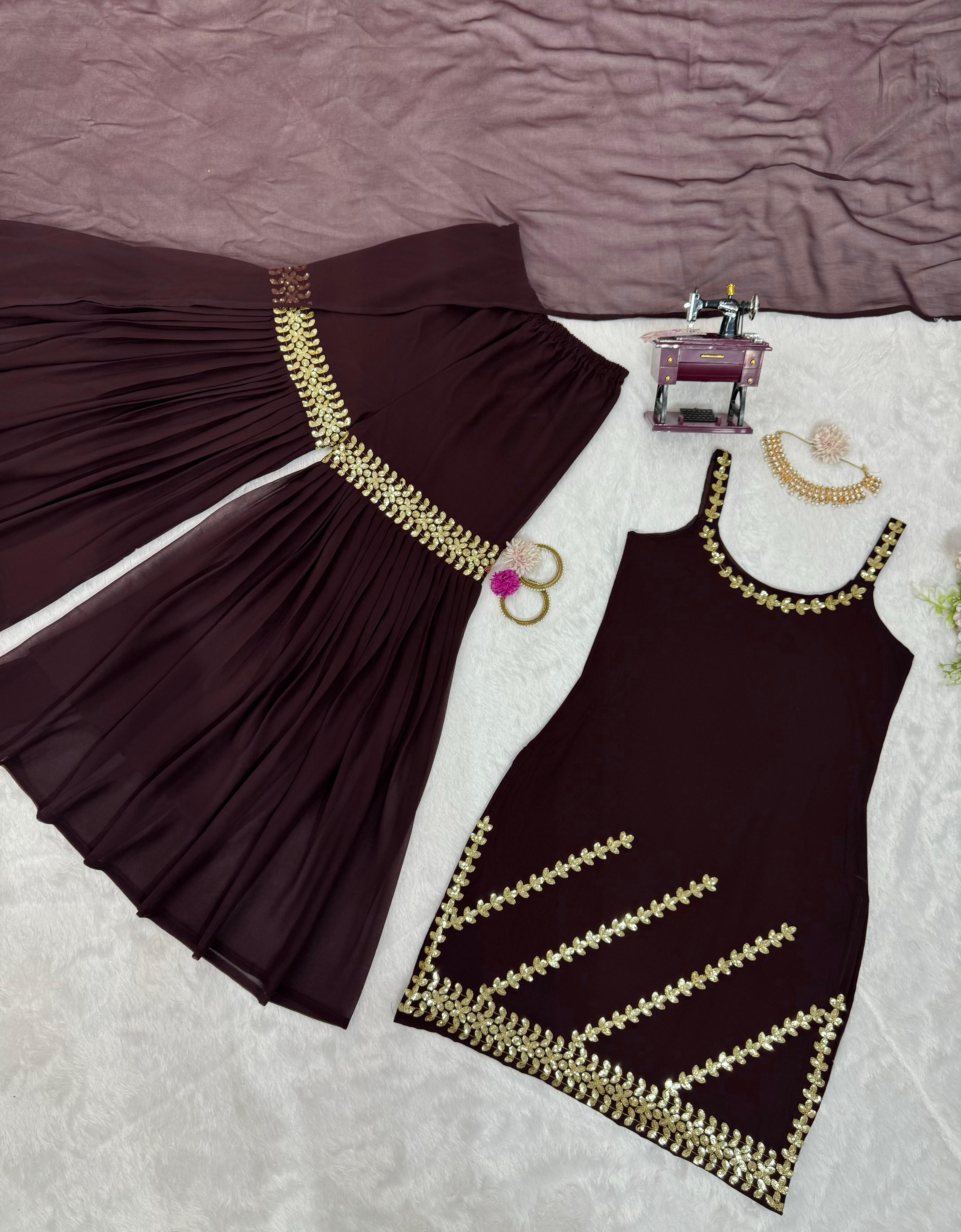 Dazzling Brown Color Foux Georgette Thread With Sequence Designer Sharara Suit