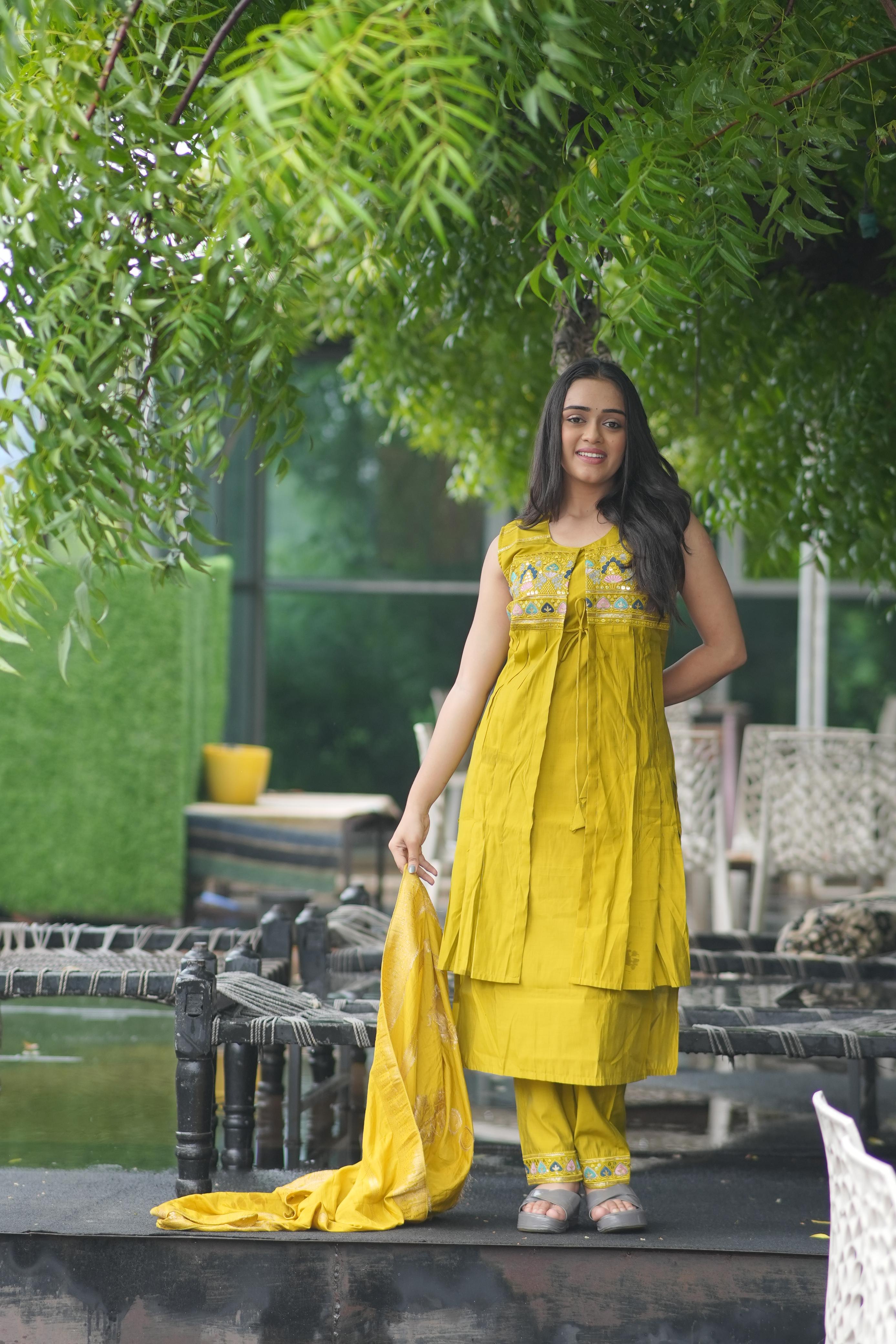 Designer Yellow Clor Modal Silk Kurti With Attach Koti With Pent