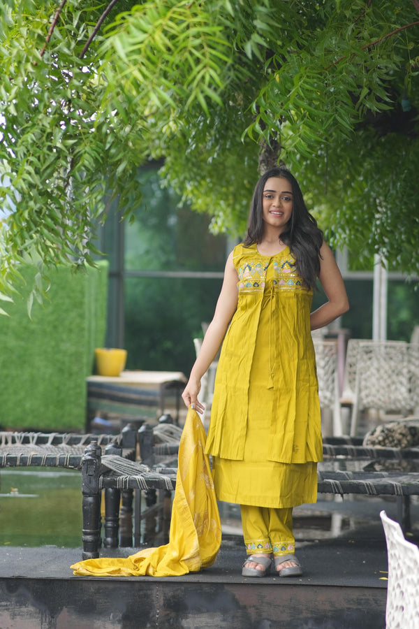 Designer Yellow Clor Modal Silk Kurti With Attach Koti With Pent