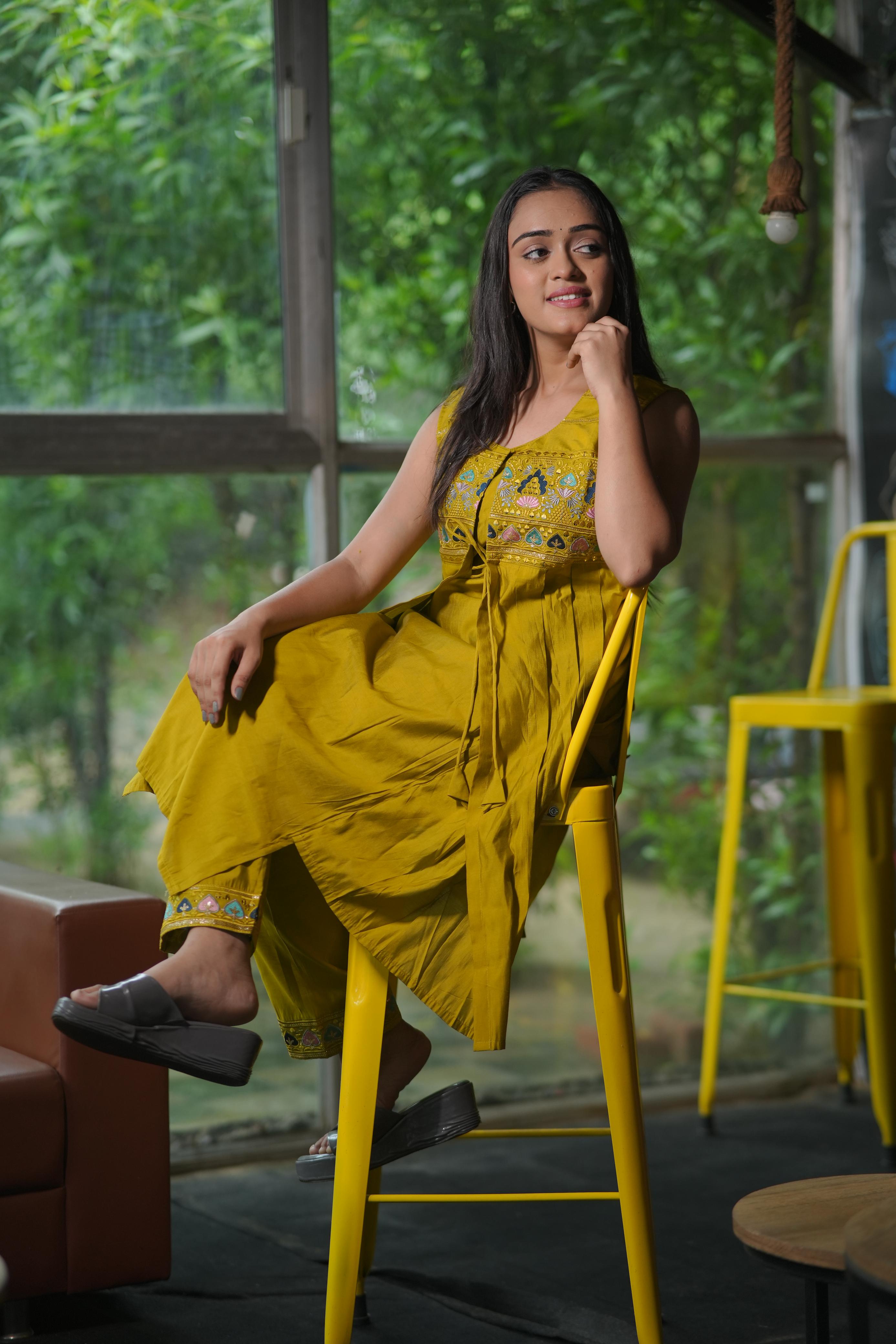 Designer Yellow Clor Modal Silk Kurti With Attach Koti With Pent