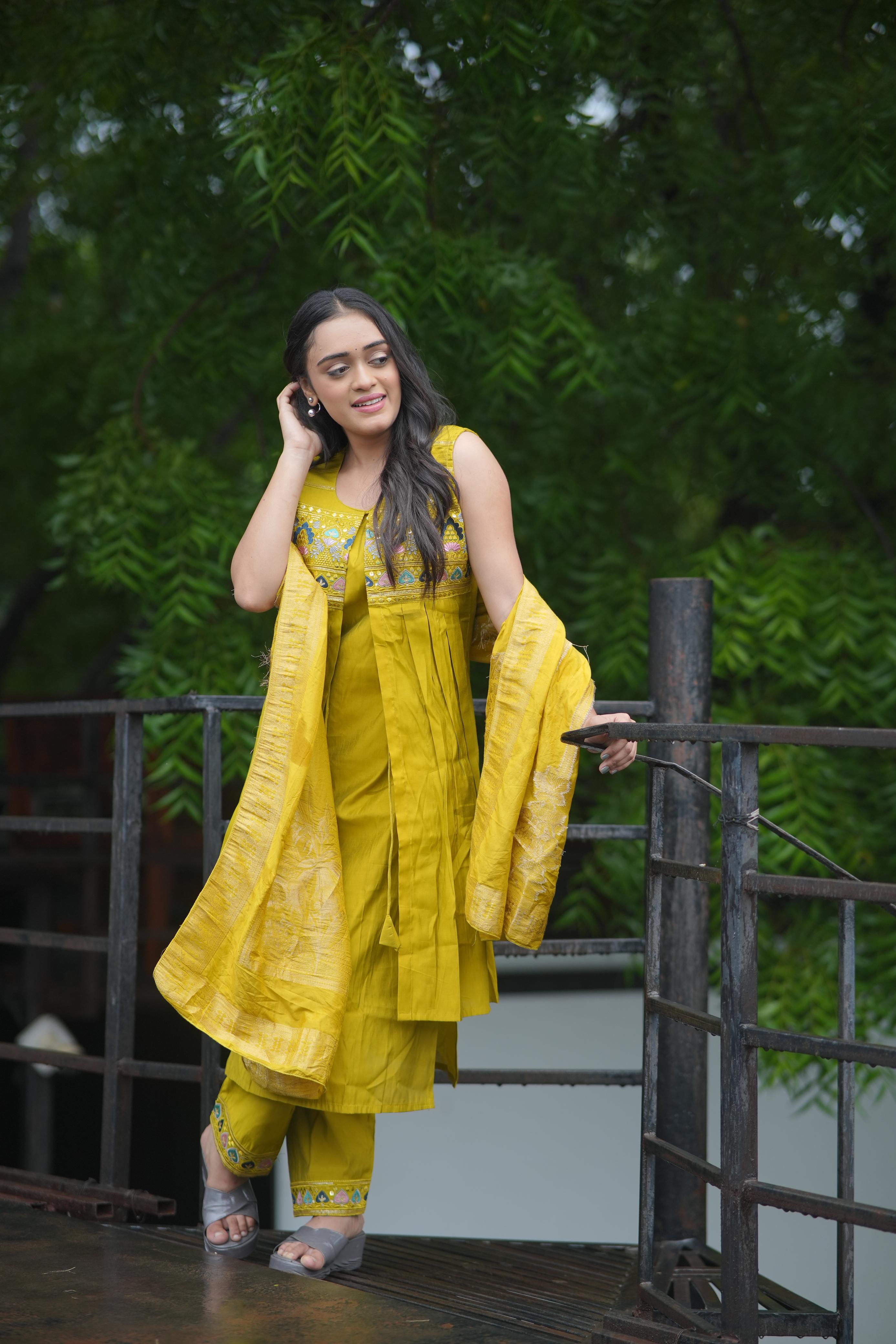 Designer Yellow Clor Modal Silk Kurti With Attach Koti With Pent