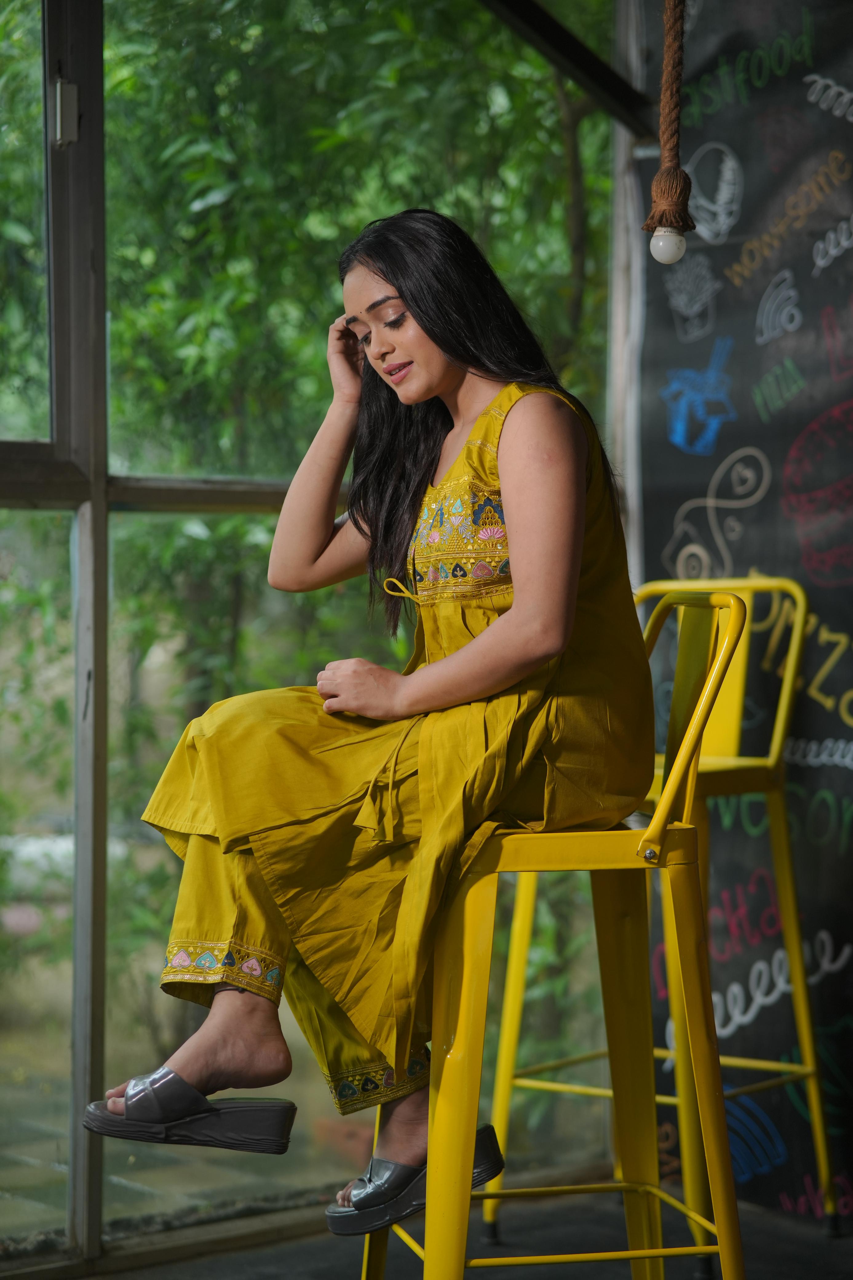 Designer Yellow Clor Modal Silk Kurti With Attach Koti With Pent