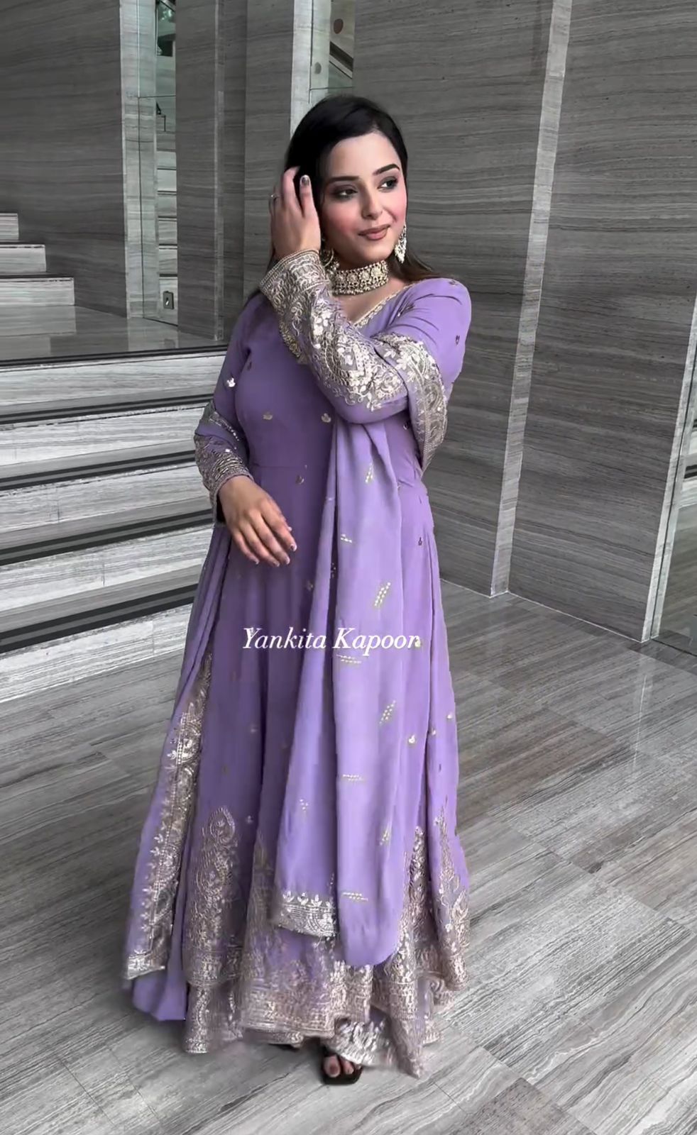 Party Wear Lavender Heavy Foux Georgette Embroidery Sequence Work Plazzo Suit