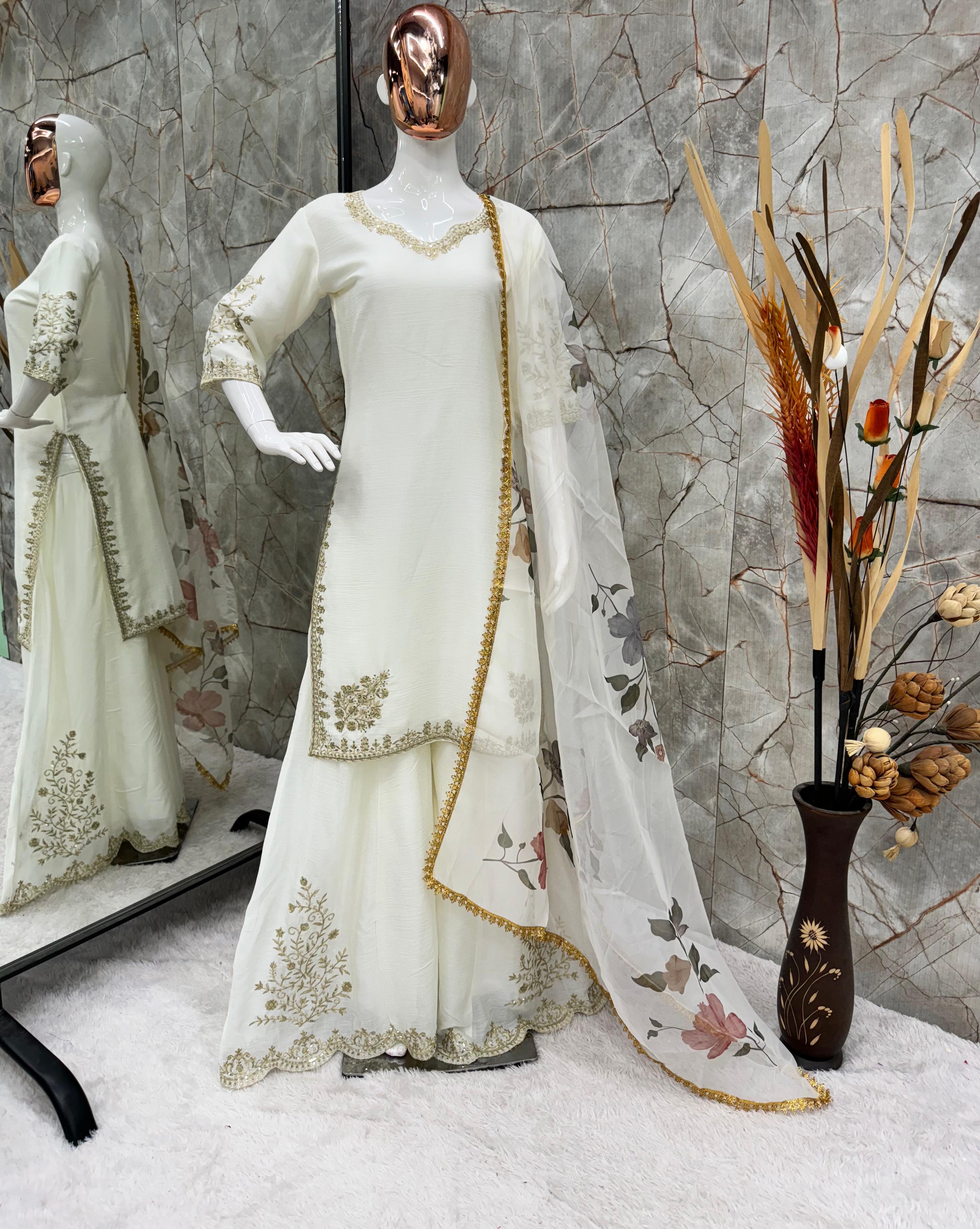 Party Wear White Color Chinon Sequence Embroidery Work Sharara Suit