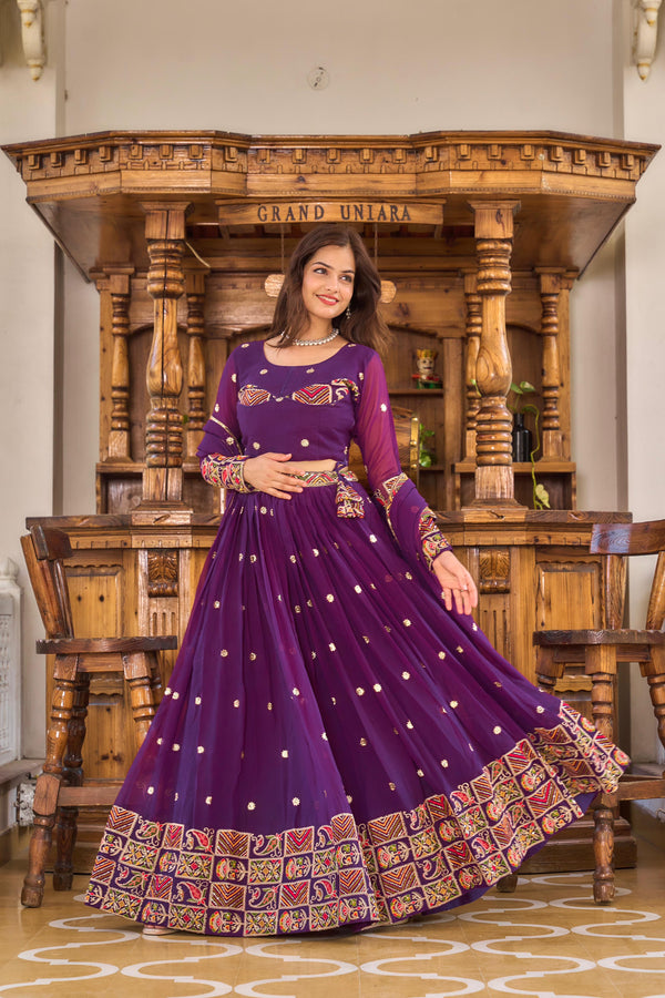 Fantastic Purple Color Foux Georgette Sequence And Thread Embroidery Work Lehenga Choli