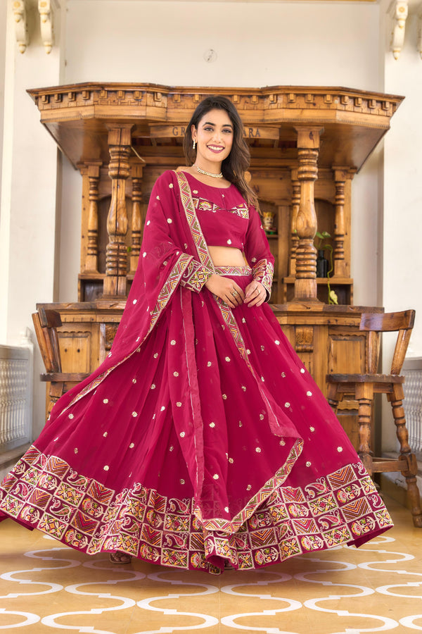 Fantastic Pink Color Foux Georgette Sequence And Thread Embroidery Work Lehenga Choli