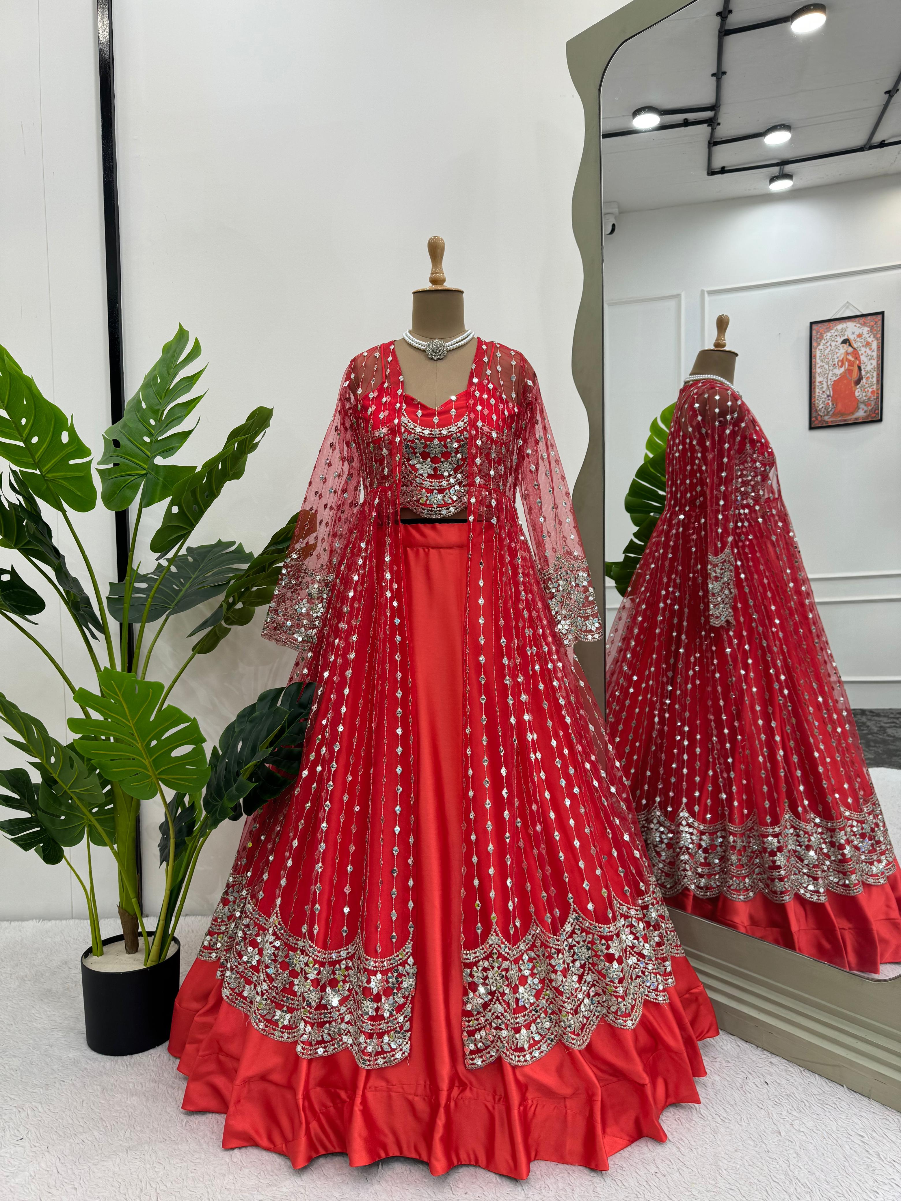 Wedding Wear Red Color Japan Satin Lehenga Choli With Koti