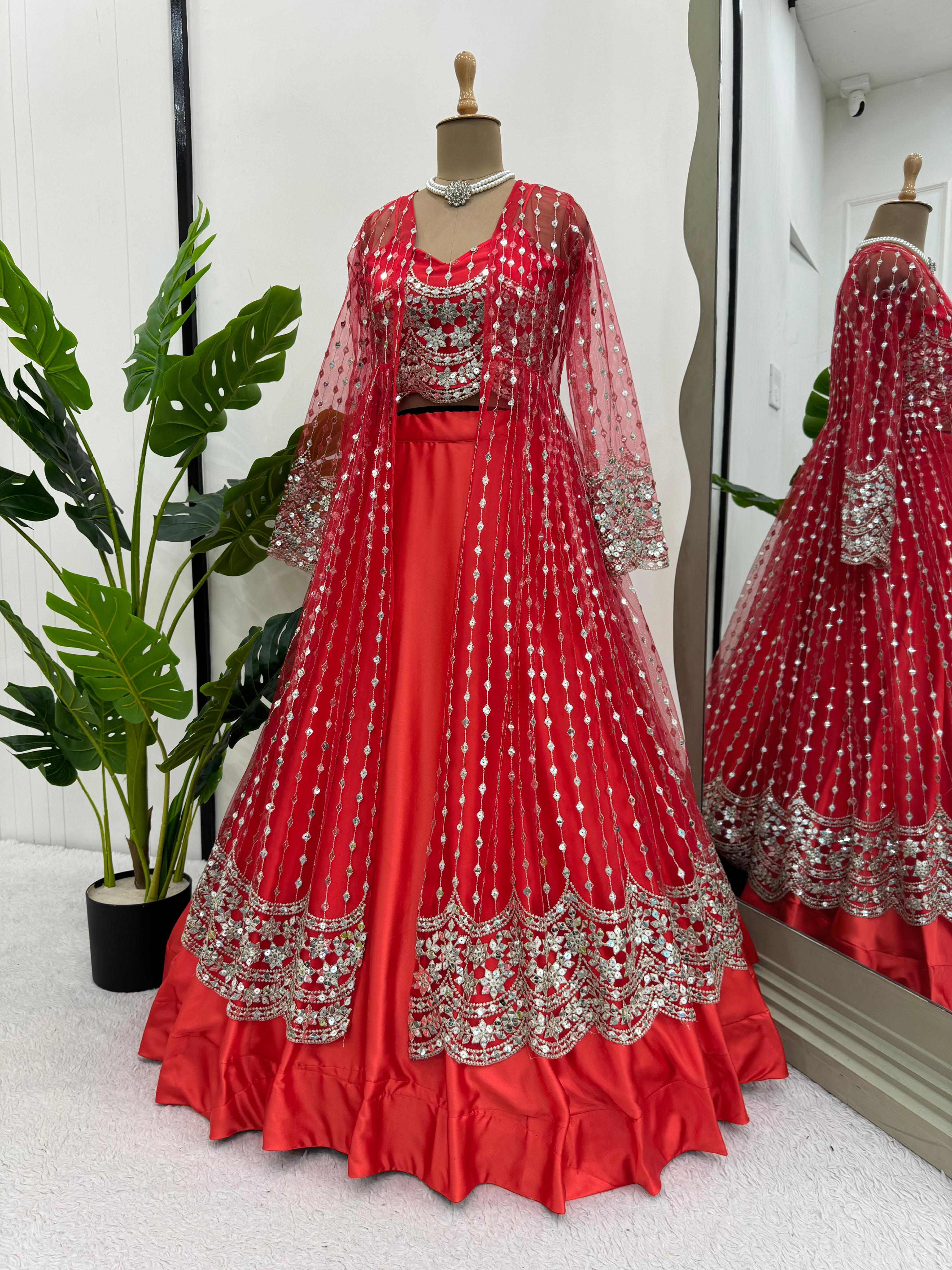 Wedding Wear Red Color Japan Satin Lehenga Choli With Koti