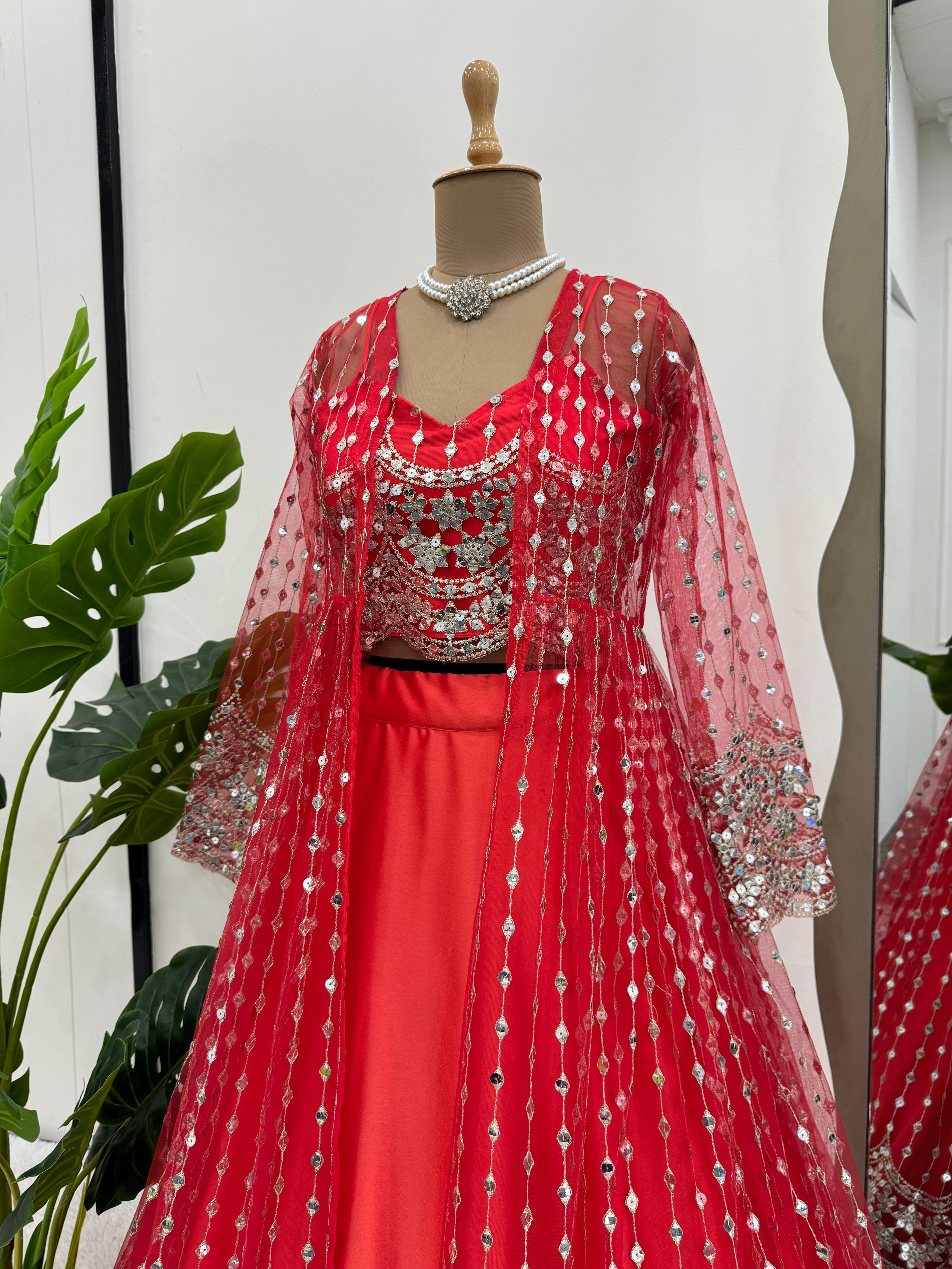 Wedding Wear Red Color Japan Satin Lehenga Choli With Koti