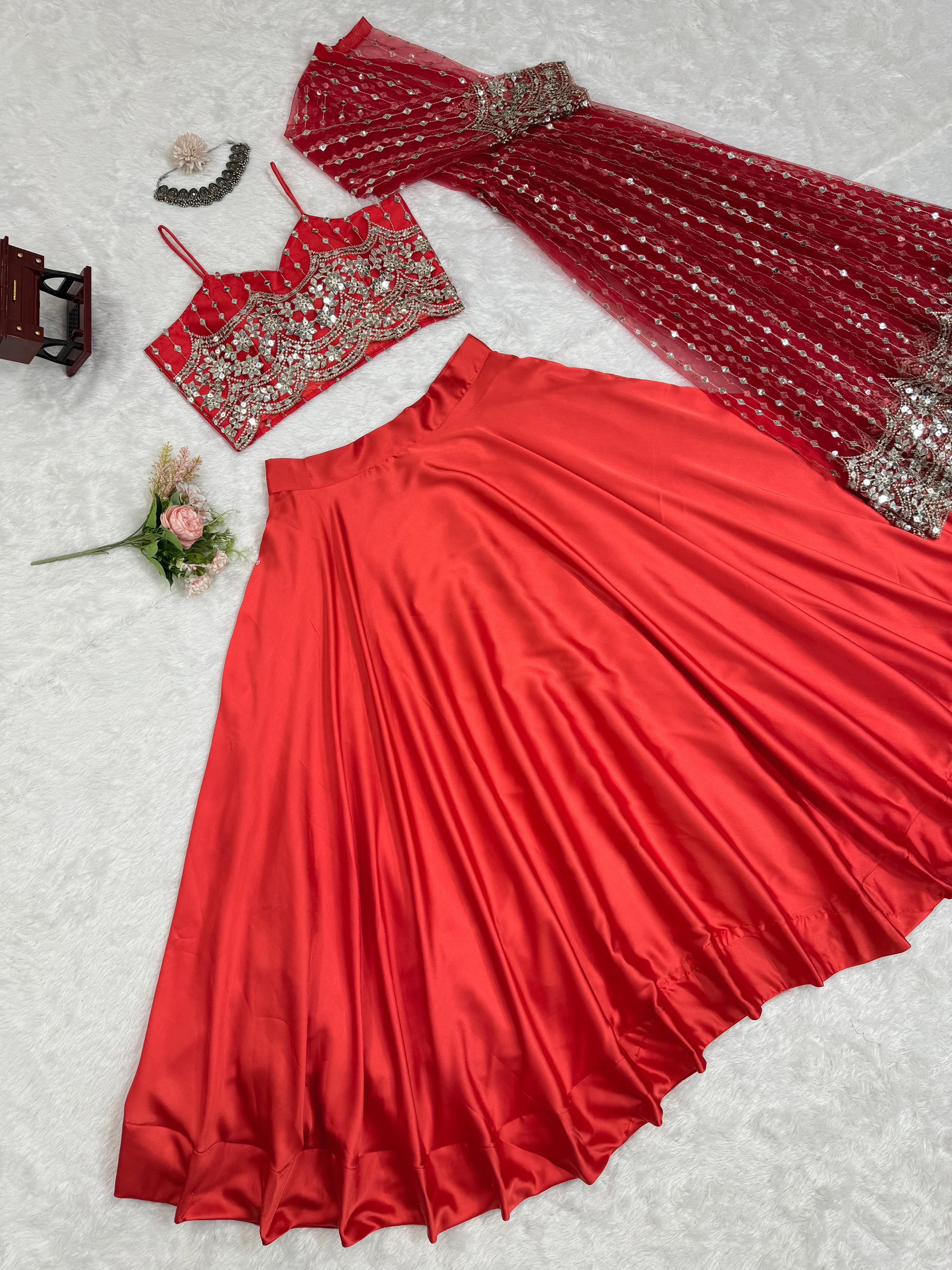 Wedding Wear Red Color Japan Satin Lehenga Choli With Koti