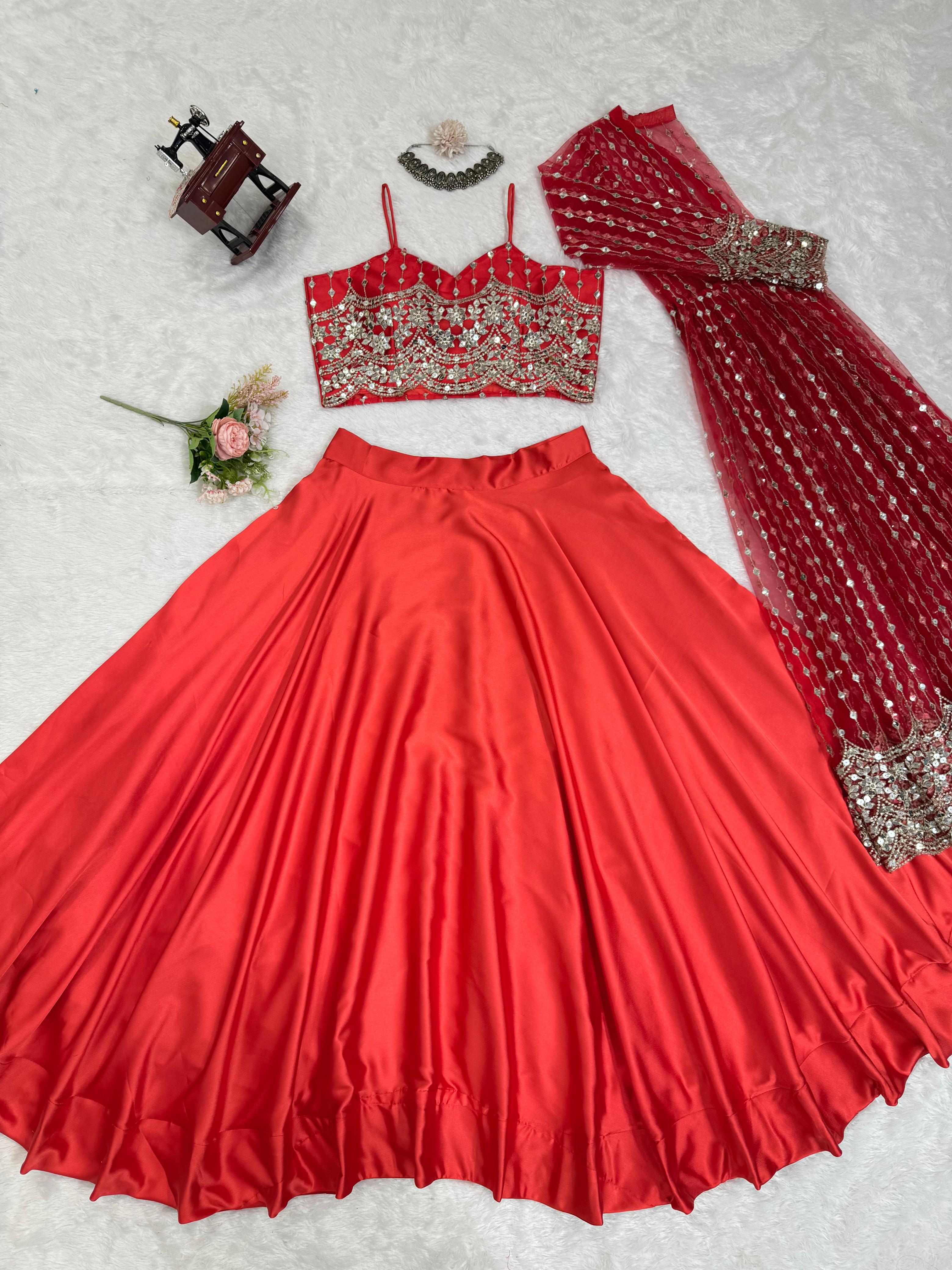 Wedding Wear Red Color Japan Satin Lehenga Choli With Koti