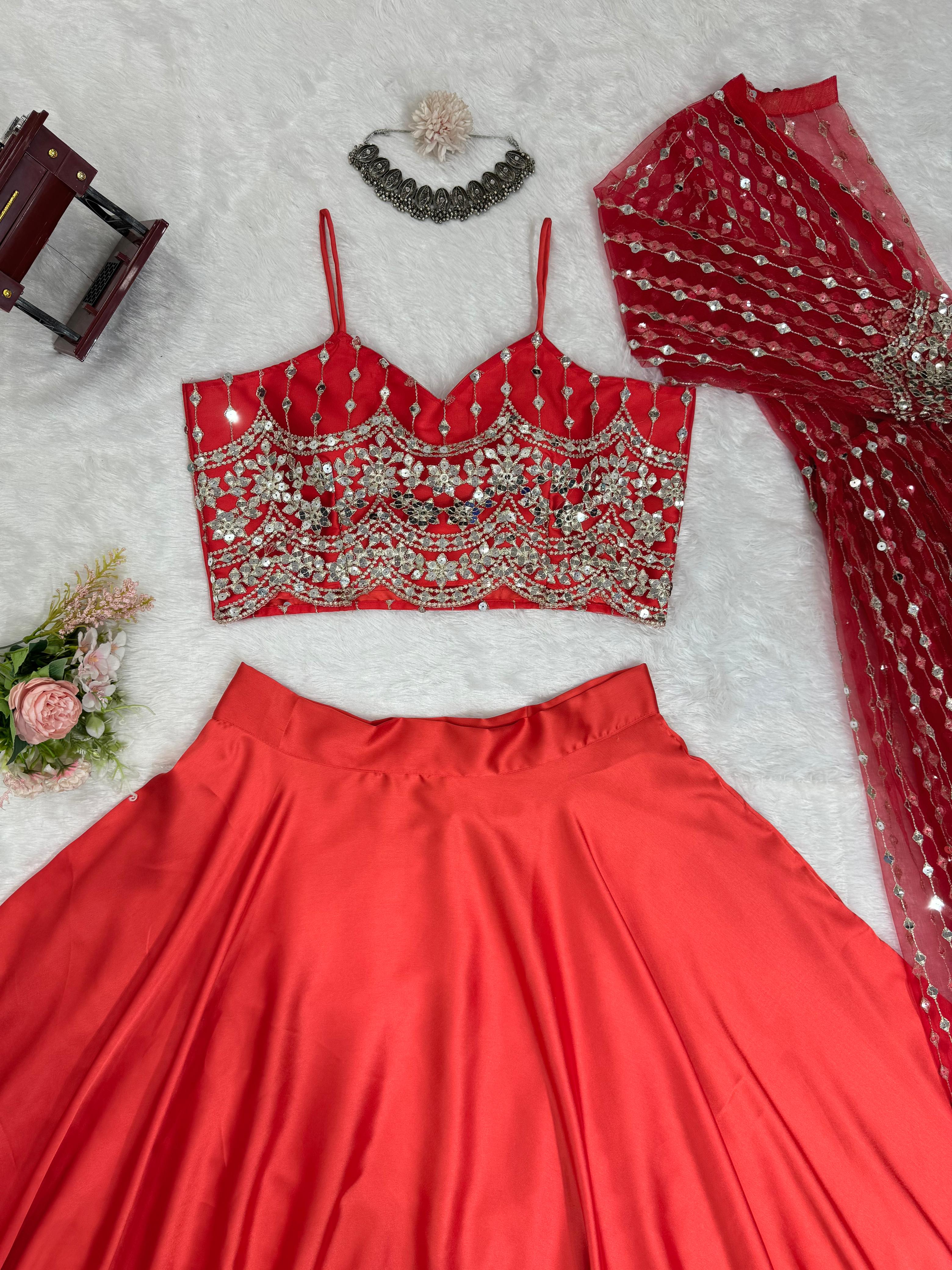 Wedding Wear Red Color Japan Satin Lehenga Choli With Koti