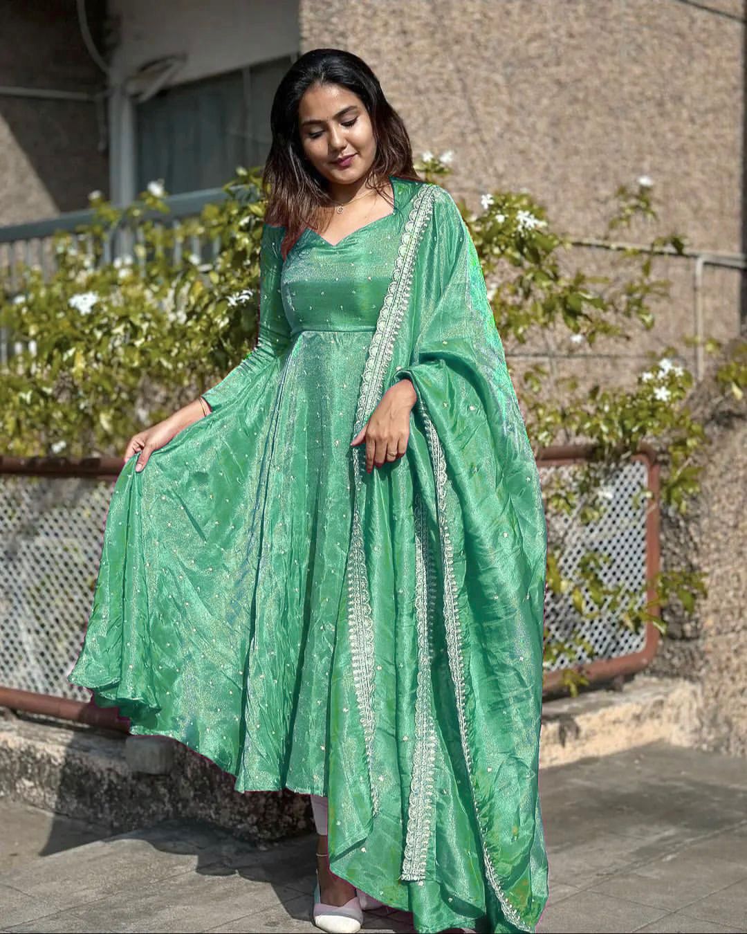 Fancy Mint Green Color Pure Fancy Twill Gold Net With Embroidery 5mm Sequence Work Anarkali Gown