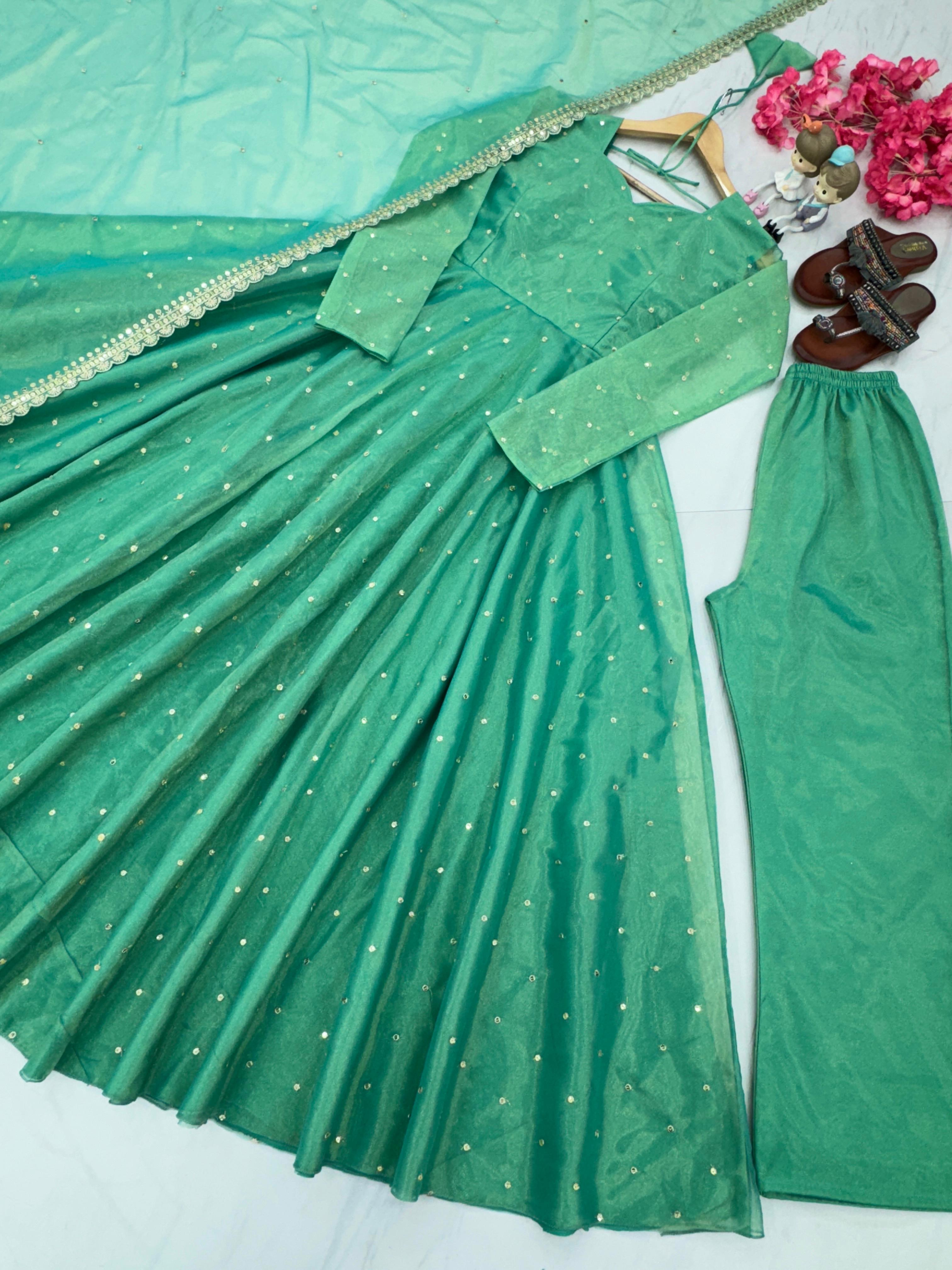 Fancy Mint Green Color Pure Fancy Twill Gold Net With Embroidery 5mm Sequence Work Anarkali Gown