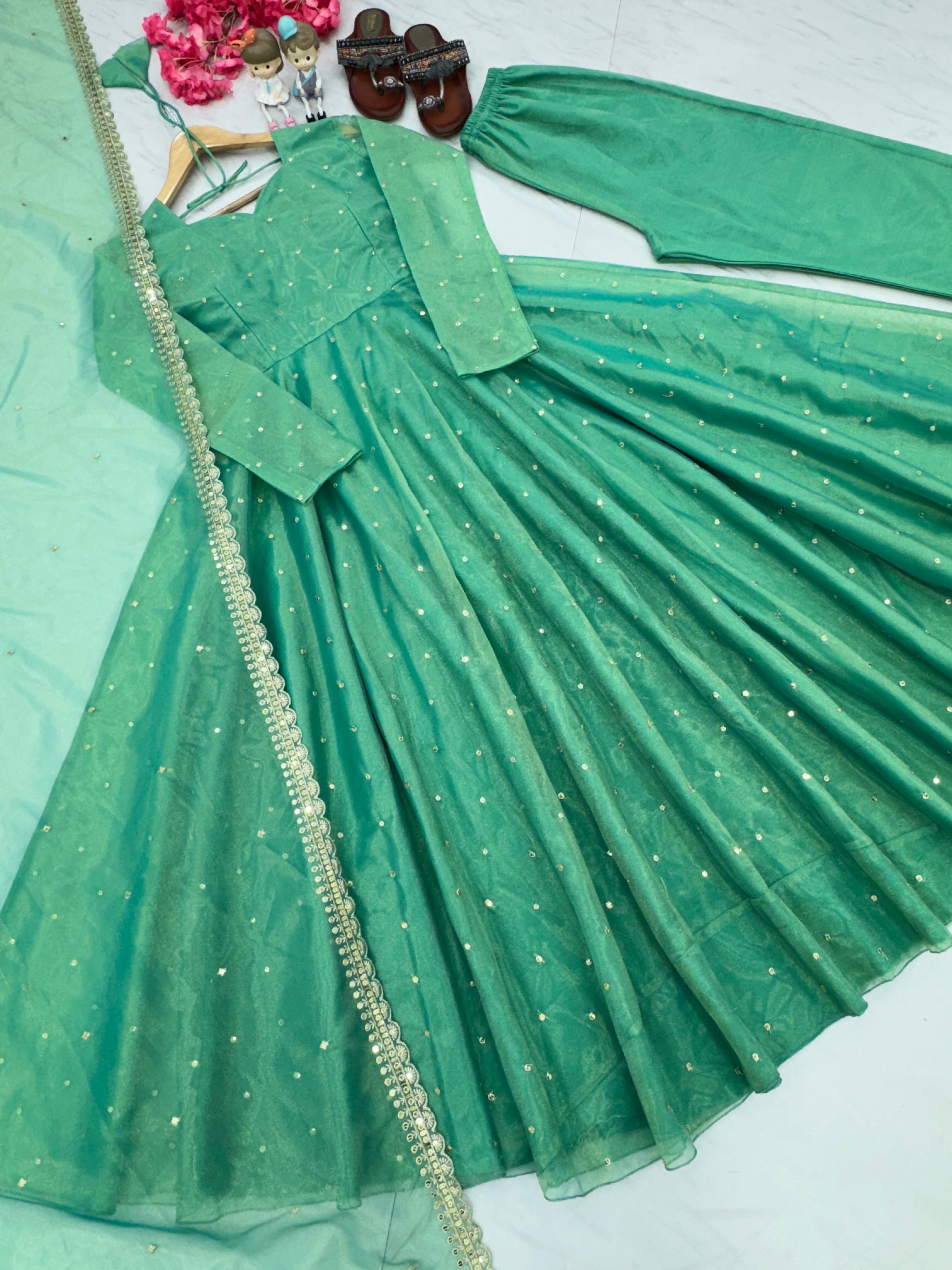 Fancy Mint Green Color Pure Fancy Twill Gold Net With Embroidery 5mm Sequence Work Anarkali Gown