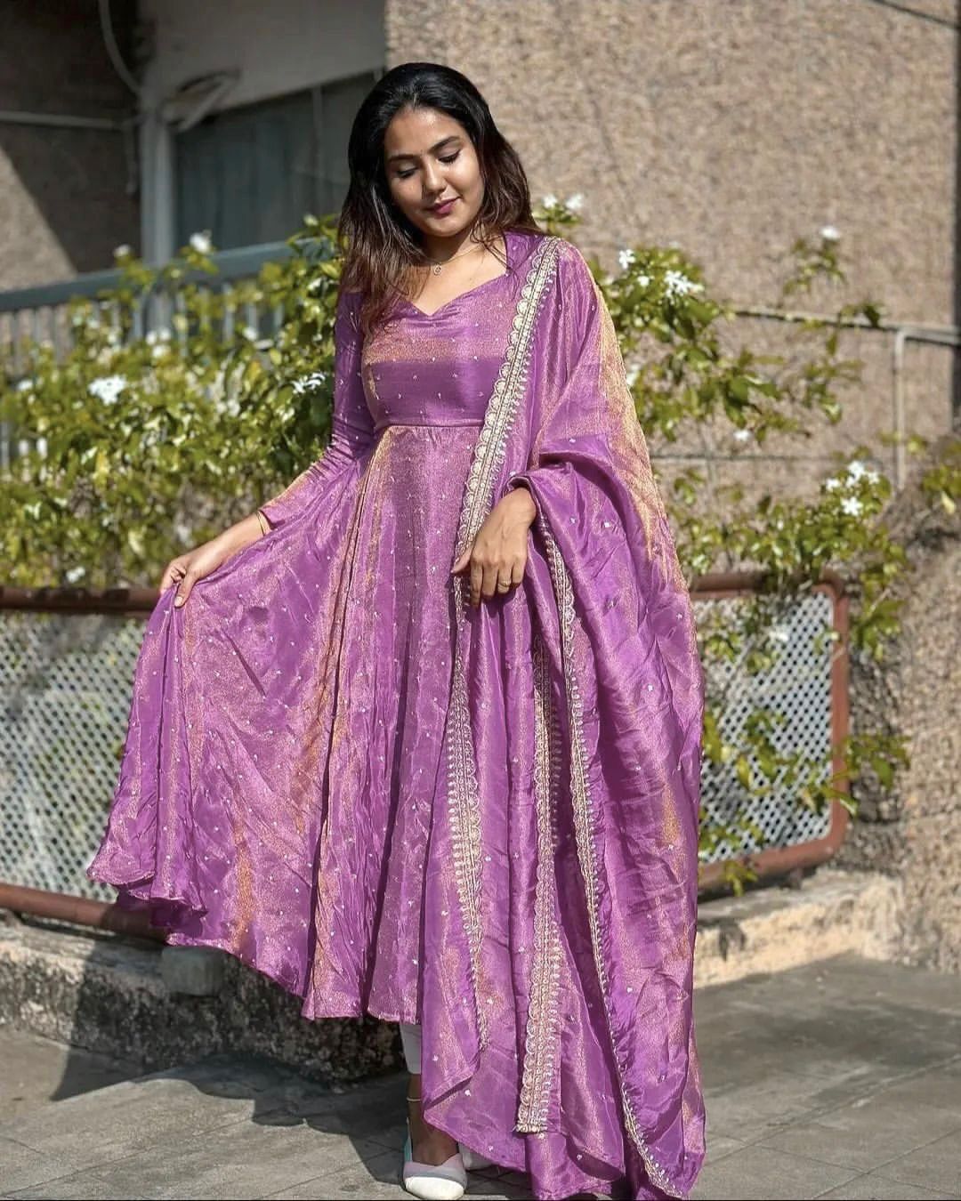 Exclusive Lavender Color Pure Fancy Twill Gold Net With Embroidery 5mm Sequence Work Anarkali Gown