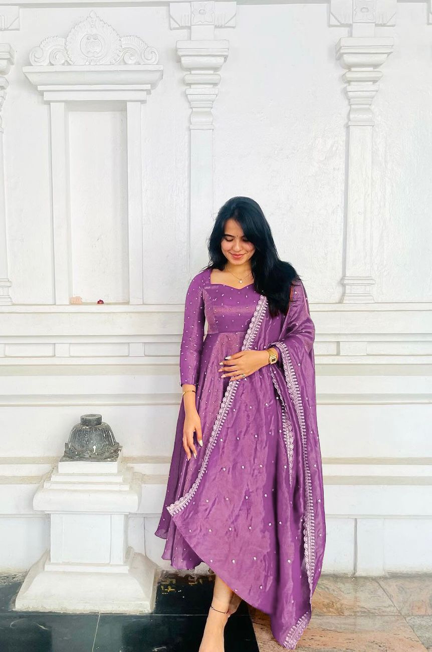 Exclusive Lavender Color Pure Fancy Twill Gold Net With Embroidery 5mm Sequence Work Anarkali Gown