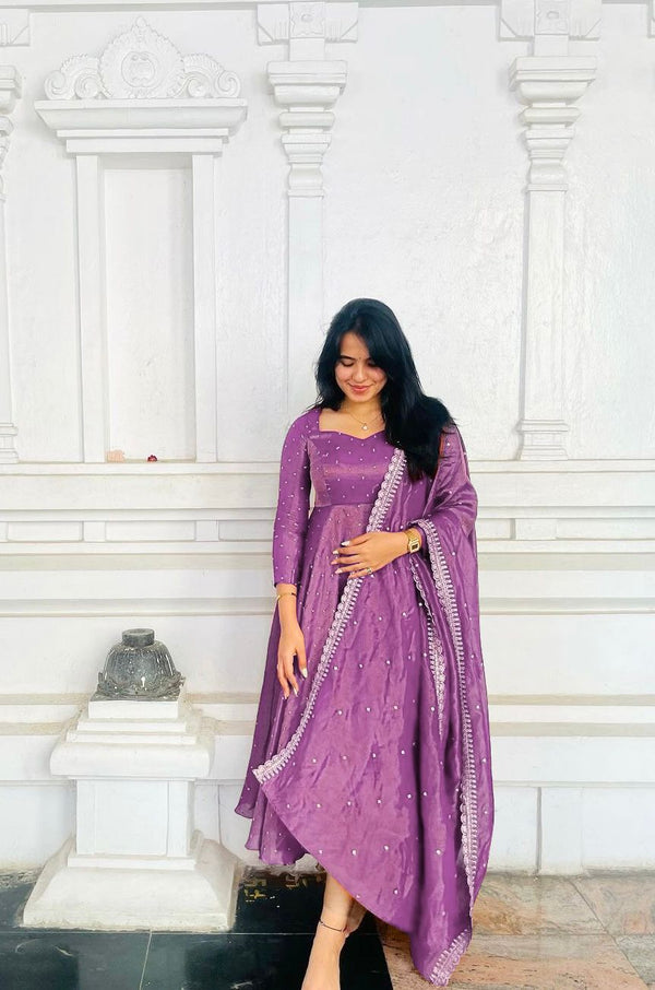 Exclusive Lavender Color Pure Fancy Twill Gold Net With Embroidery 5mm Sequence Work Anarkali Gown