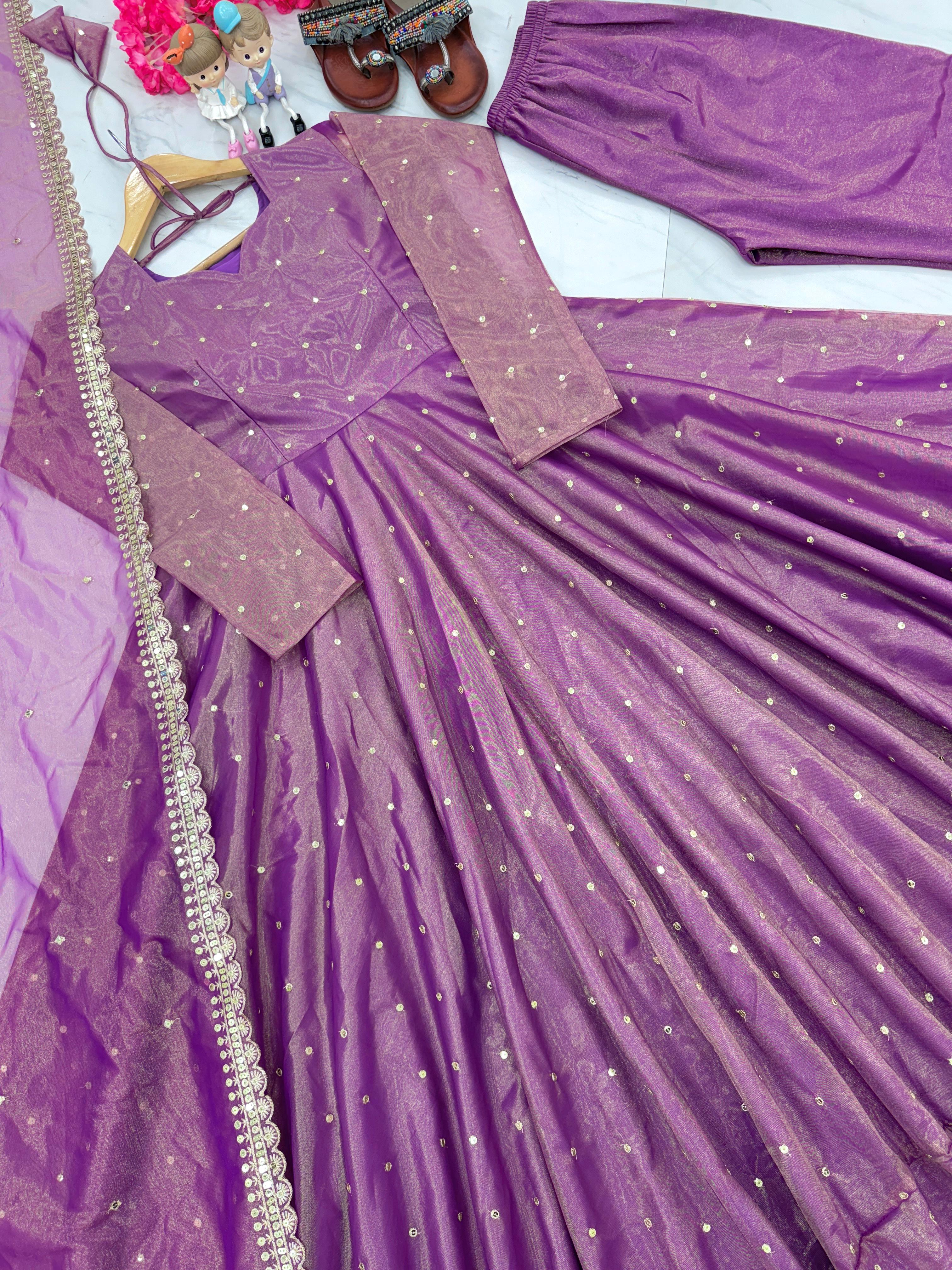 Exclusive Lavender Color Pure Fancy Twill Gold Net With Embroidery 5mm Sequence Work Anarkali Gown