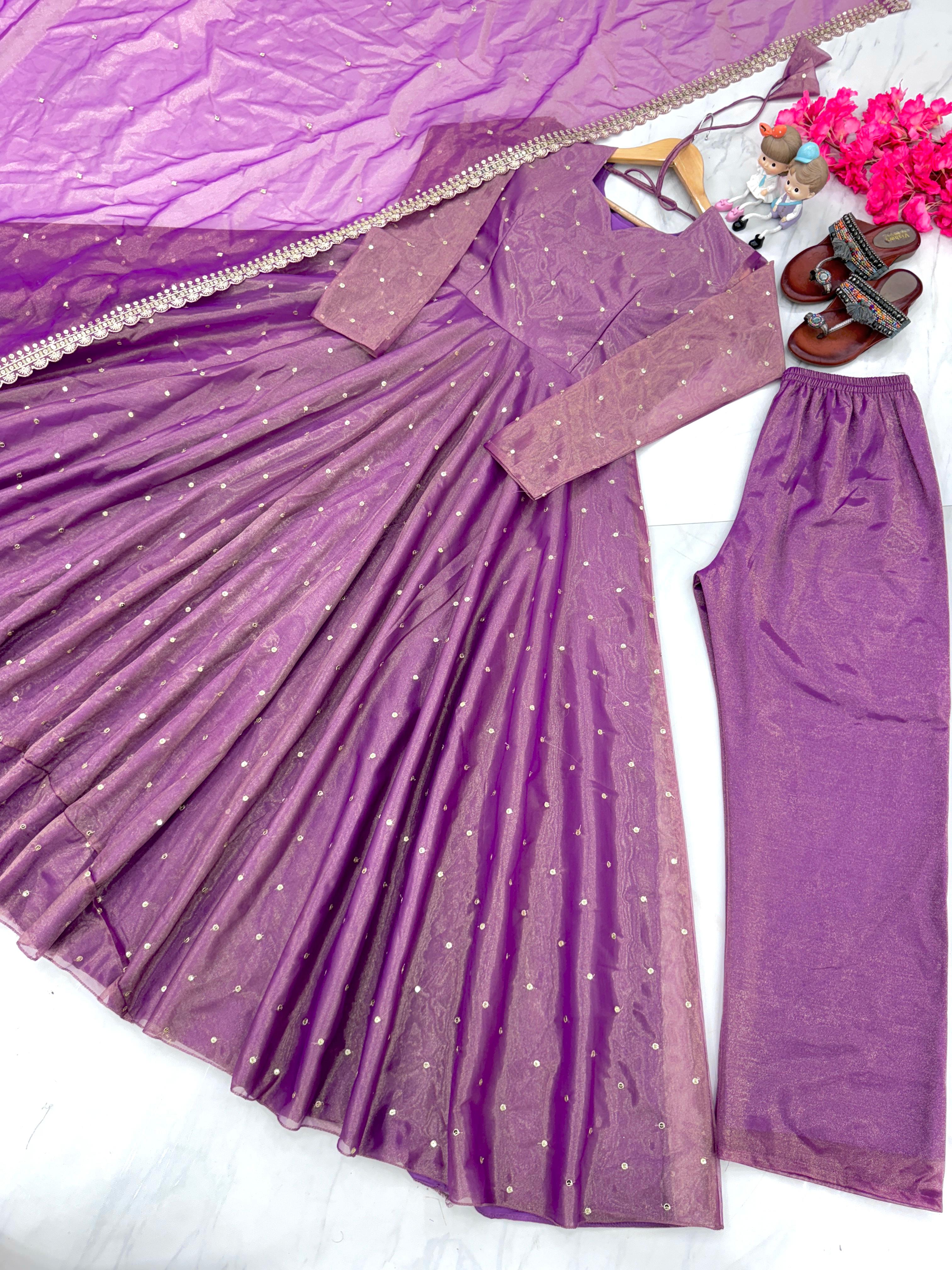 Exclusive Lavender Color Pure Fancy Twill Gold Net With Embroidery 5mm Sequence Work Anarkali Gown