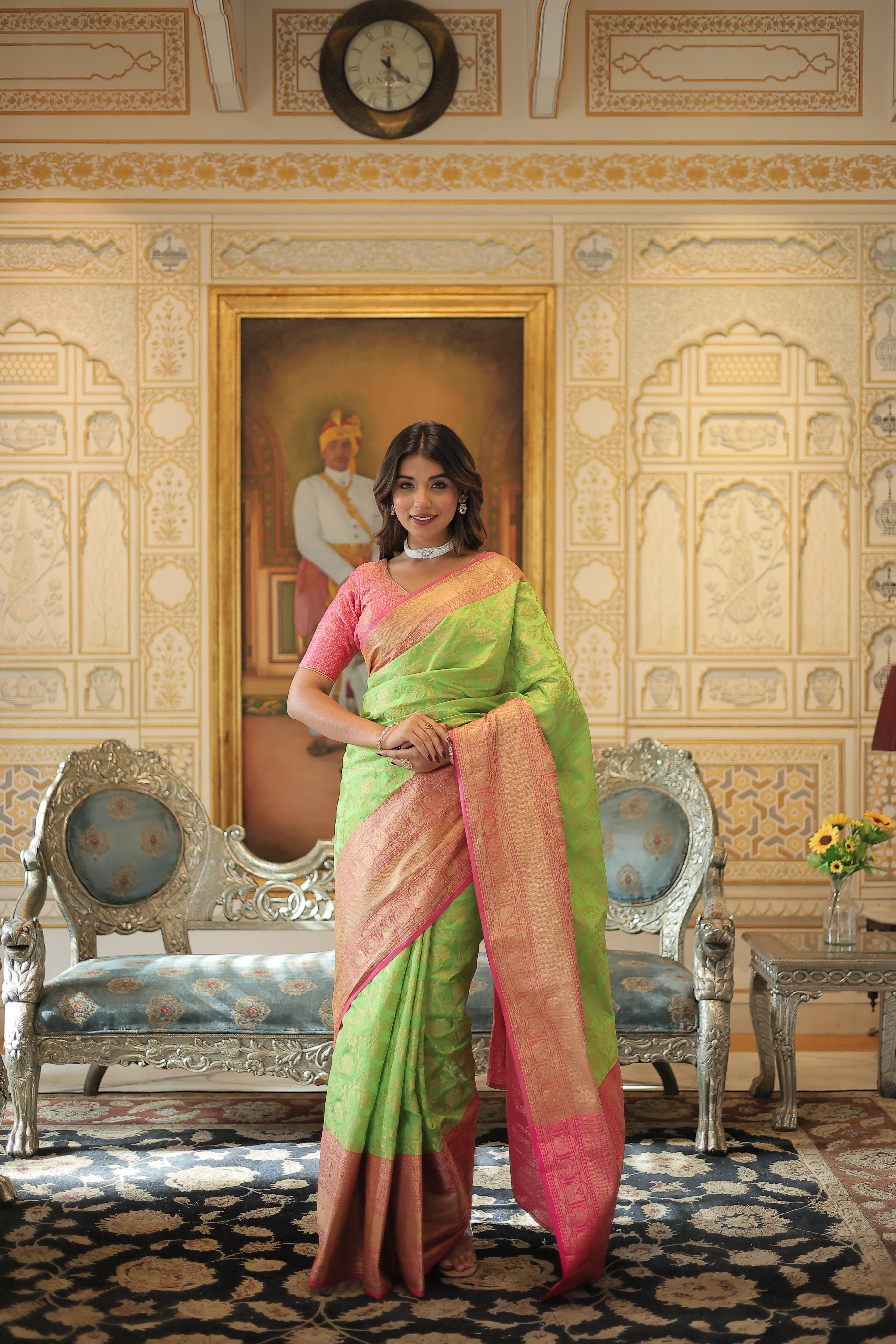 Party Wear Green Kanjivaram Silk With Zari Weaving Work Designer Saree