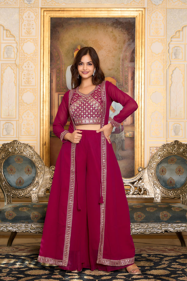 Party Wear Maroon Color Foux Georgette Heavy Embroidery Lace Work Palazzo Suit With Shrug