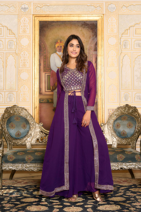 Party Wear Purple Color Foux Georgette Heavy Embroidery Lace Work Palazzo Suit With Shrug