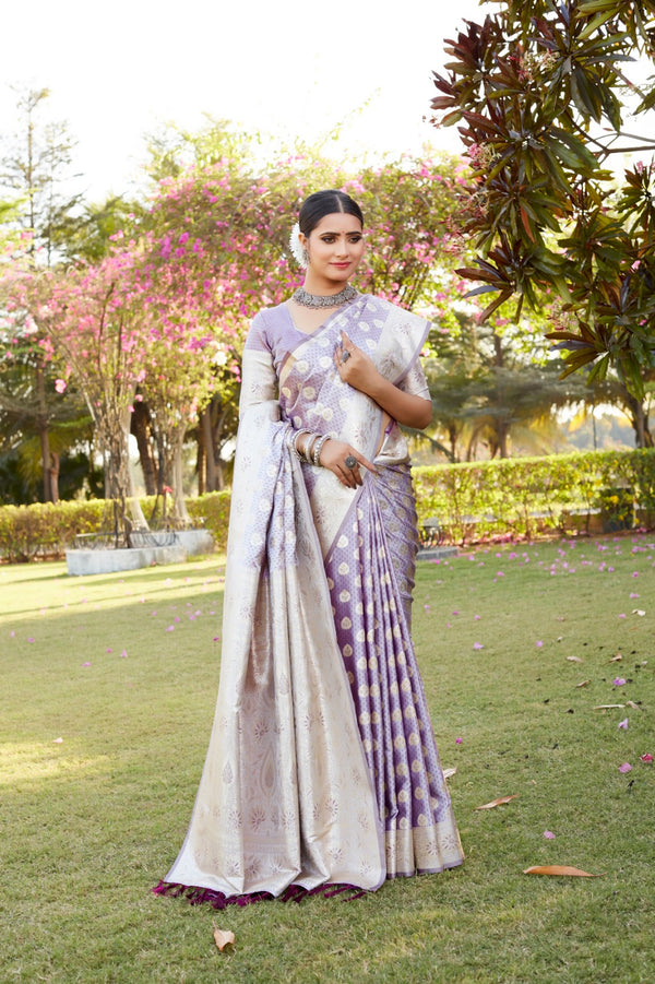 Eyes Catching Light Lavender Color Beautiful Weaving Butta Work Pure Kanjivaram Soft Satin Silk Saree