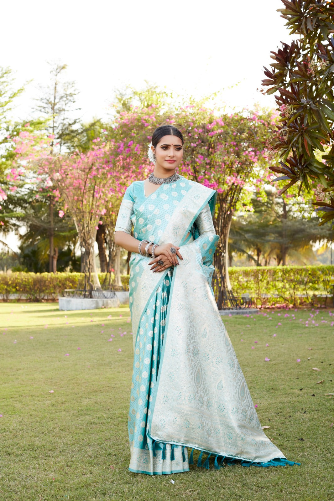 Glossy Sky Blue Color Beautiful Weaving Butta Work Pure Kanjivaram Soft Satin Silk Saree