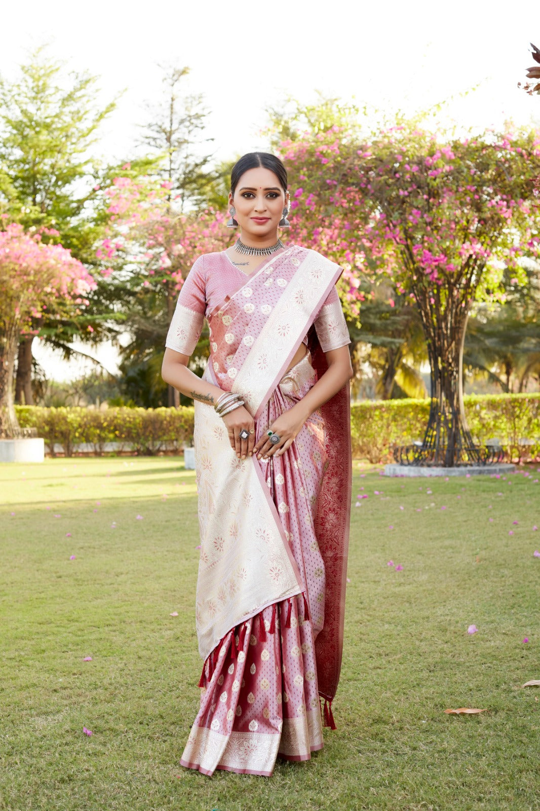 Ravishing Peach Color Beautiful Weaving Butta Work Pure Kanjivaram Soft Satin Silk Saree