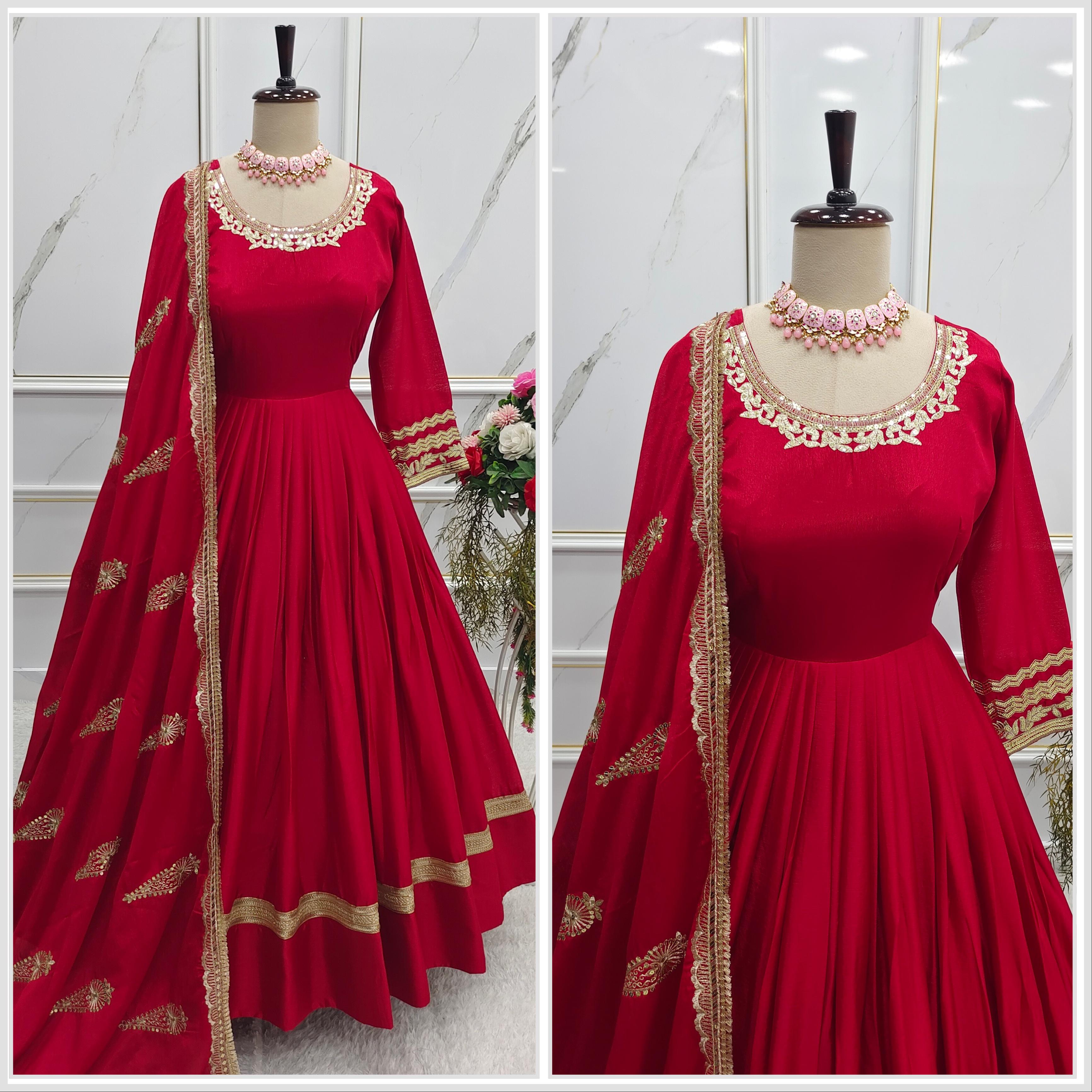 Party Wear Red Color Pure Chinon Silk With Heavy Embroidery 5mm Sequence Work Designer Gown