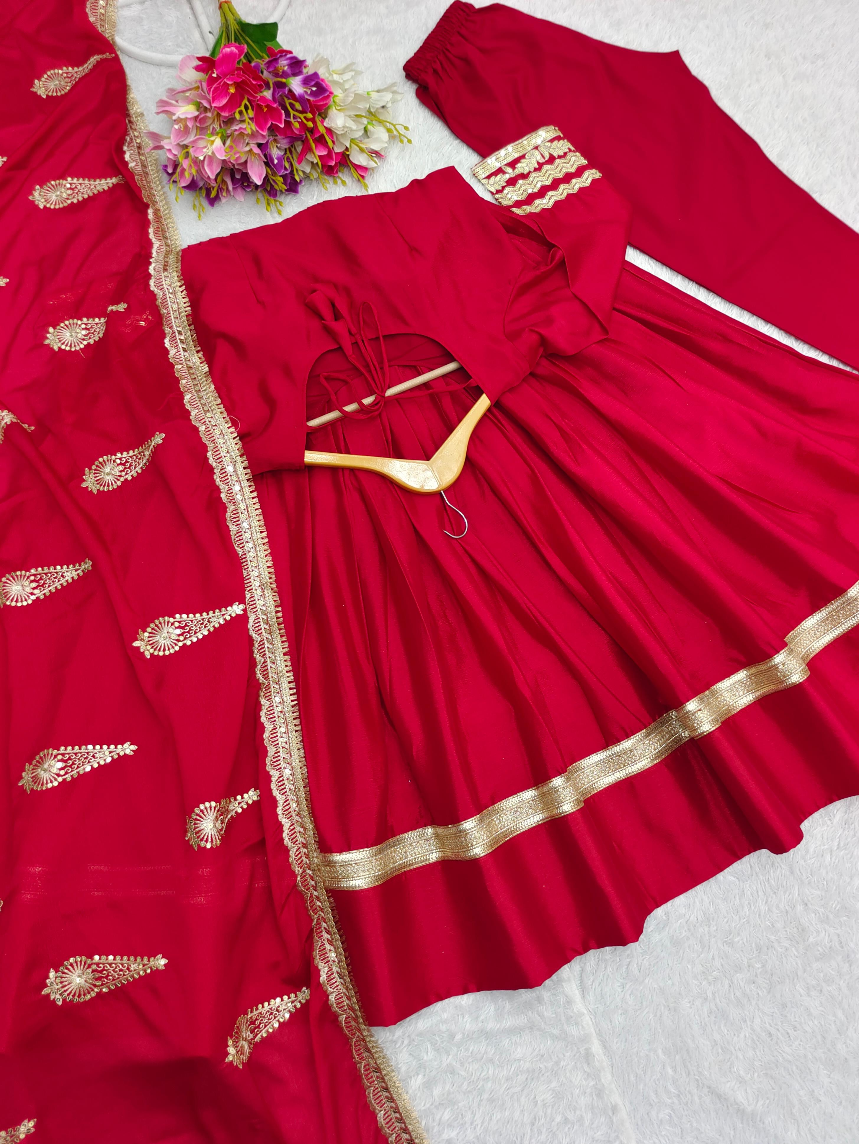 Party Wear Red Color Pure Chinon Silk With Heavy Embroidery 5mm Sequence Work Designer Gown