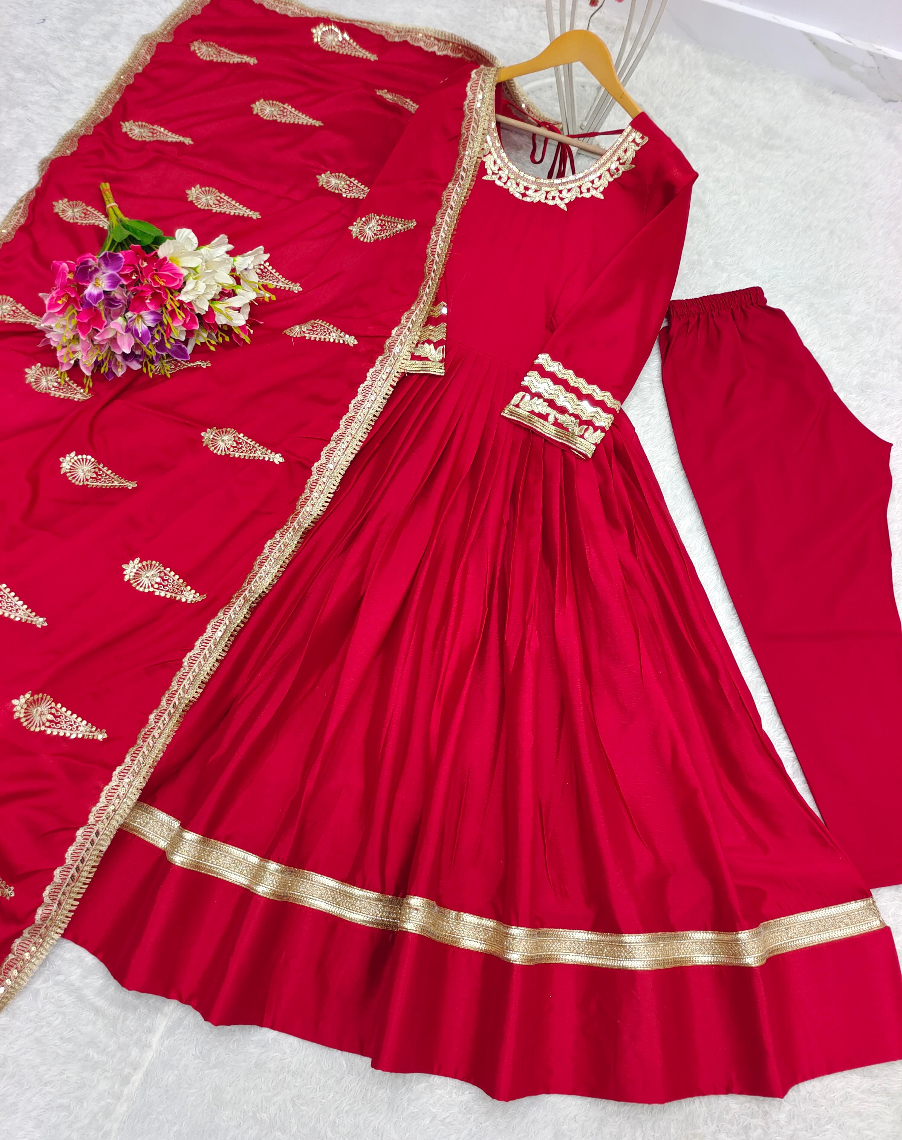 Party Wear Red Color Pure Chinon Silk With Heavy Embroidery 5mm Sequence Work Designer Gown