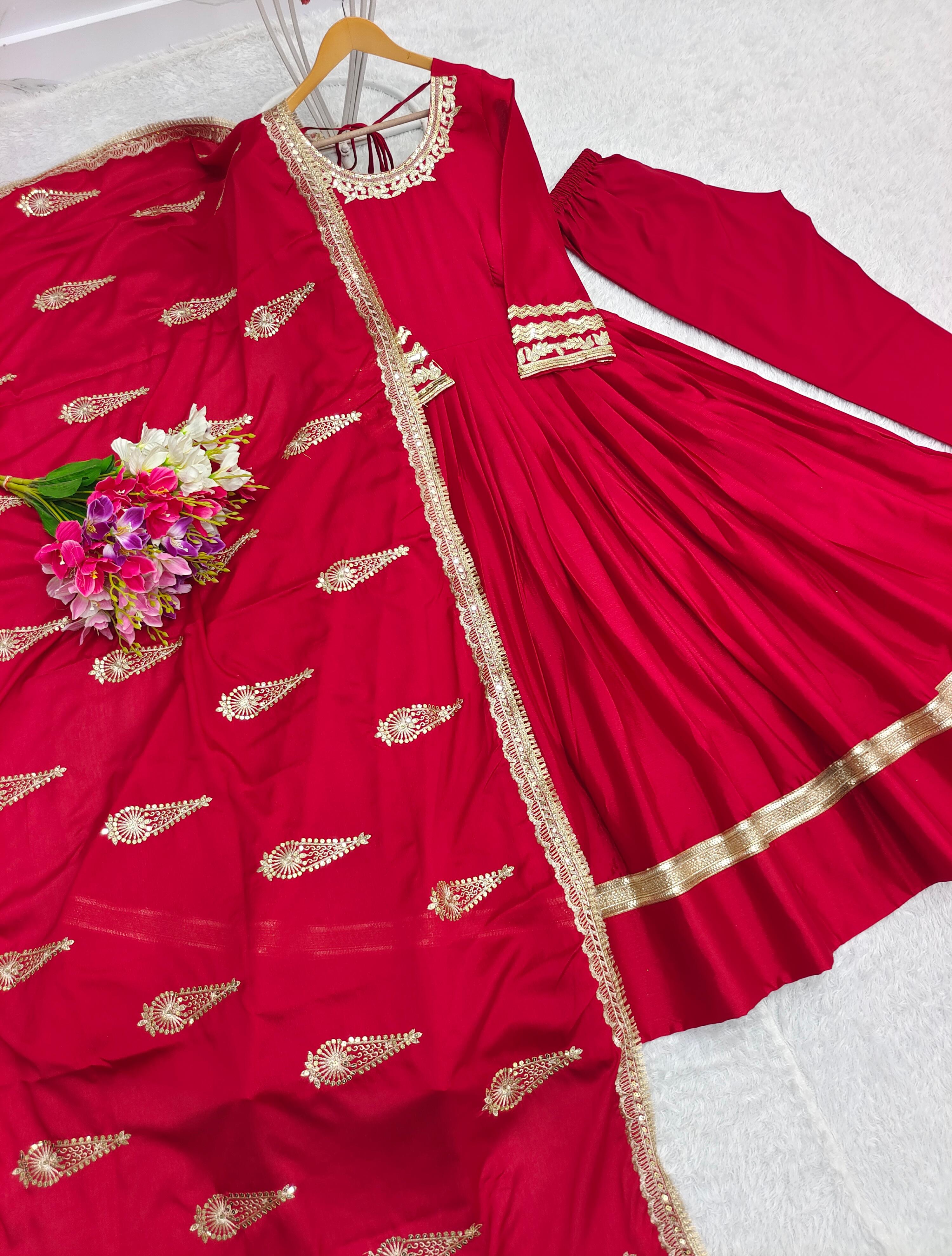 Party Wear Red Color Pure Chinon Silk With Heavy Embroidery 5mm Sequence Work Designer Gown