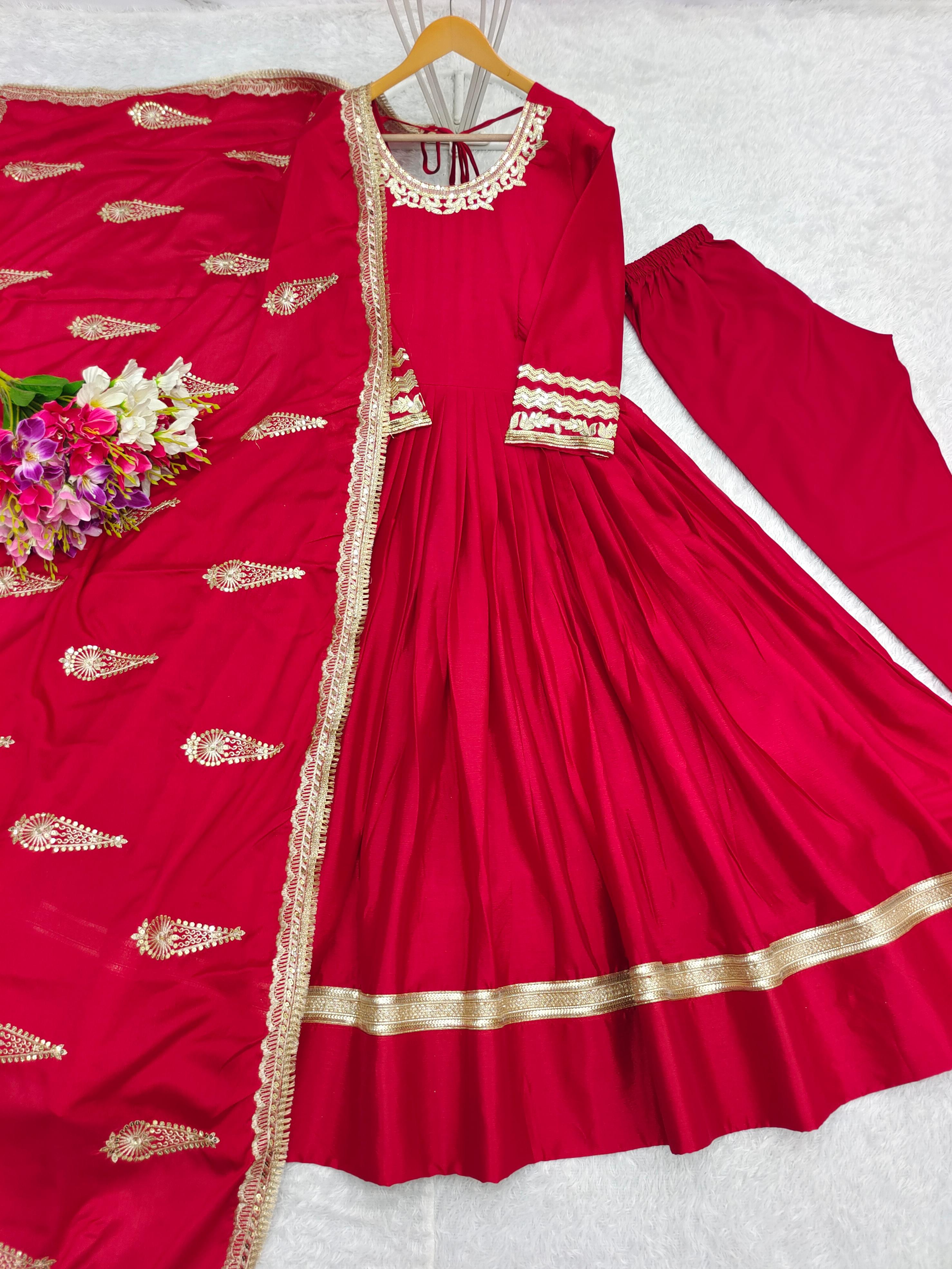 Party Wear Red Color Pure Chinon Silk With Heavy Embroidery 5mm Sequence Work Designer Gown