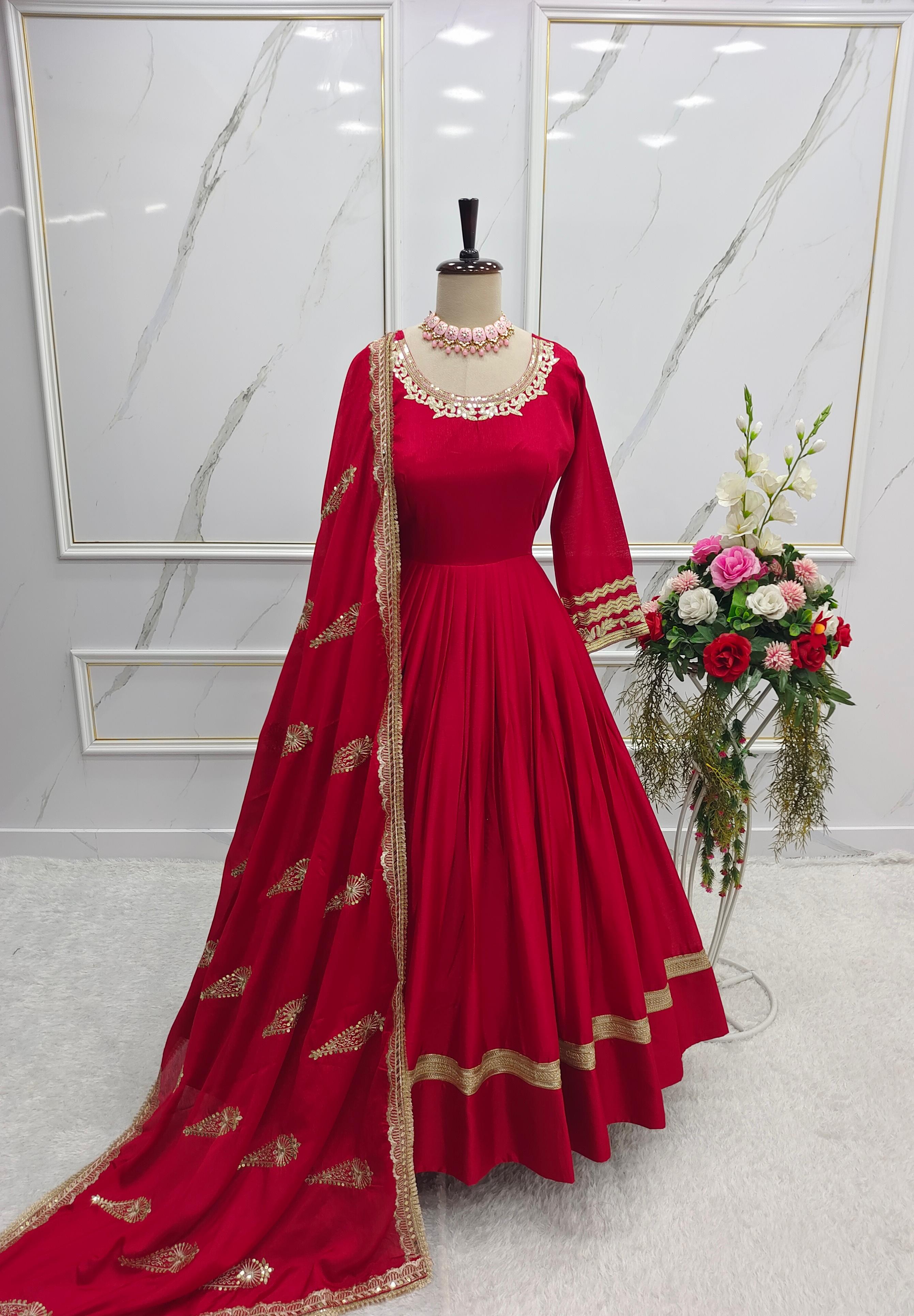 Party Wear Red Color Pure Chinon Silk With Heavy Embroidery 5mm Sequence Work Designer Gown