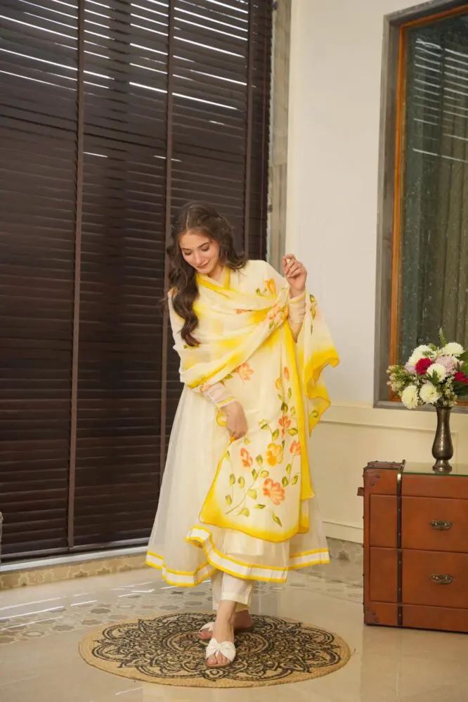 Casual Wear Yellow And White Color Pure Georgette Anarkali Suit