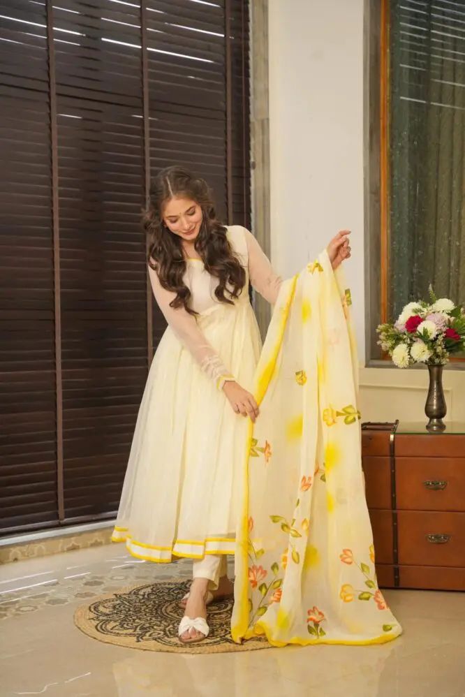 Casual Wear Yellow And White Color Pure Georgette Anarkali Suit