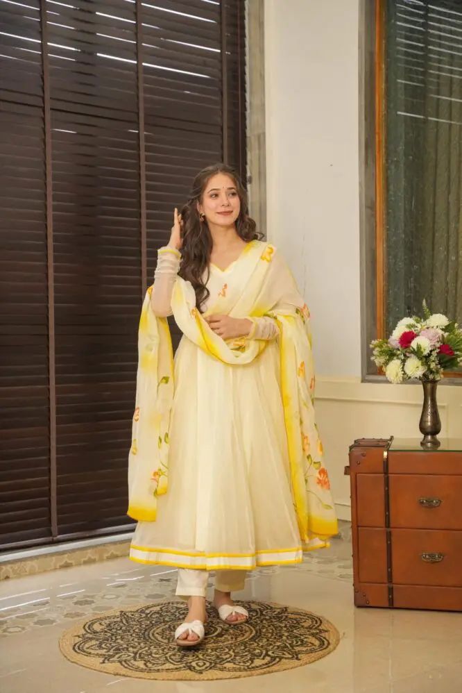 Casual Wear Yellow And White Color Pure Georgette Anarkali Suit