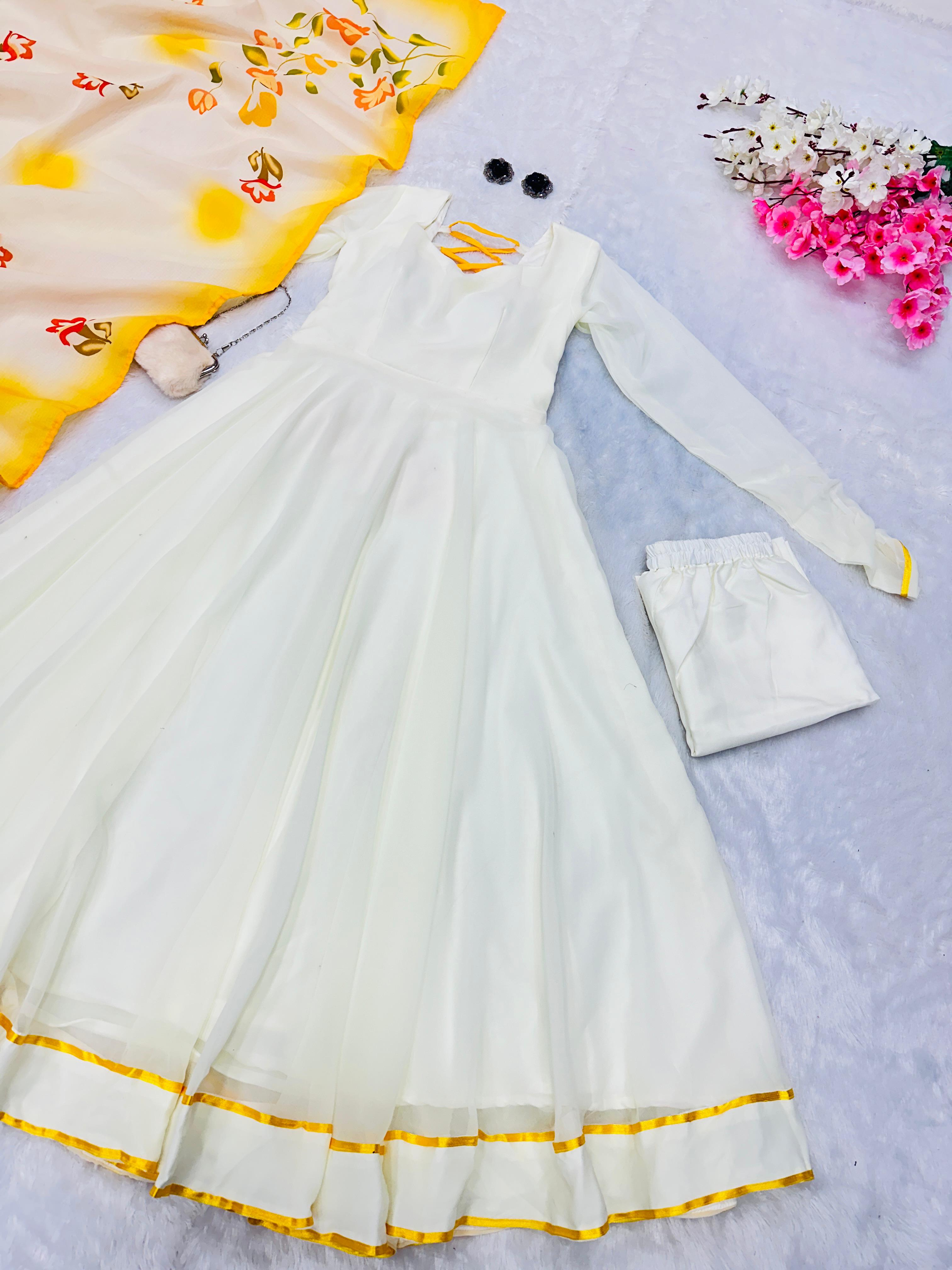 Casual Wear Yellow And White Color Pure Georgette Anarkali Suit