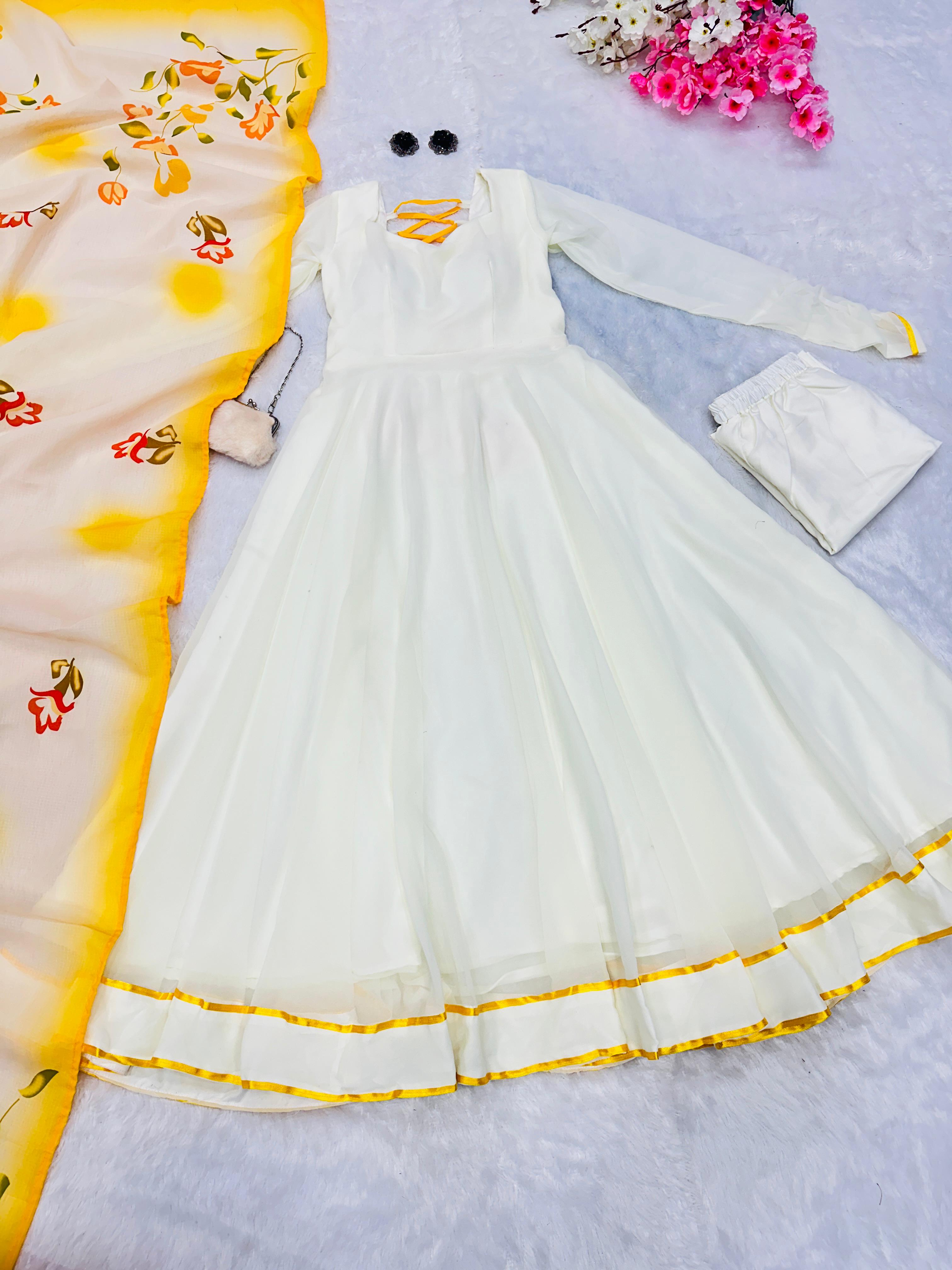 Casual Wear Yellow And White Color Pure Georgette Anarkali Suit