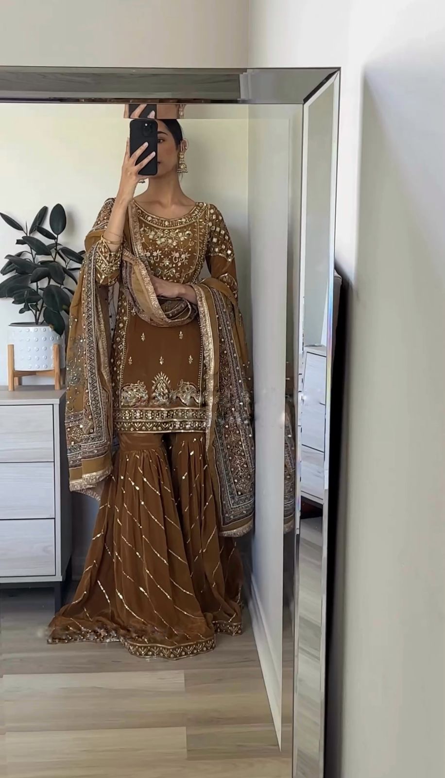 Graceful Brown Color Heavy Chinon Silk With 5mm Embroidery Sequence Work Sharara Suit