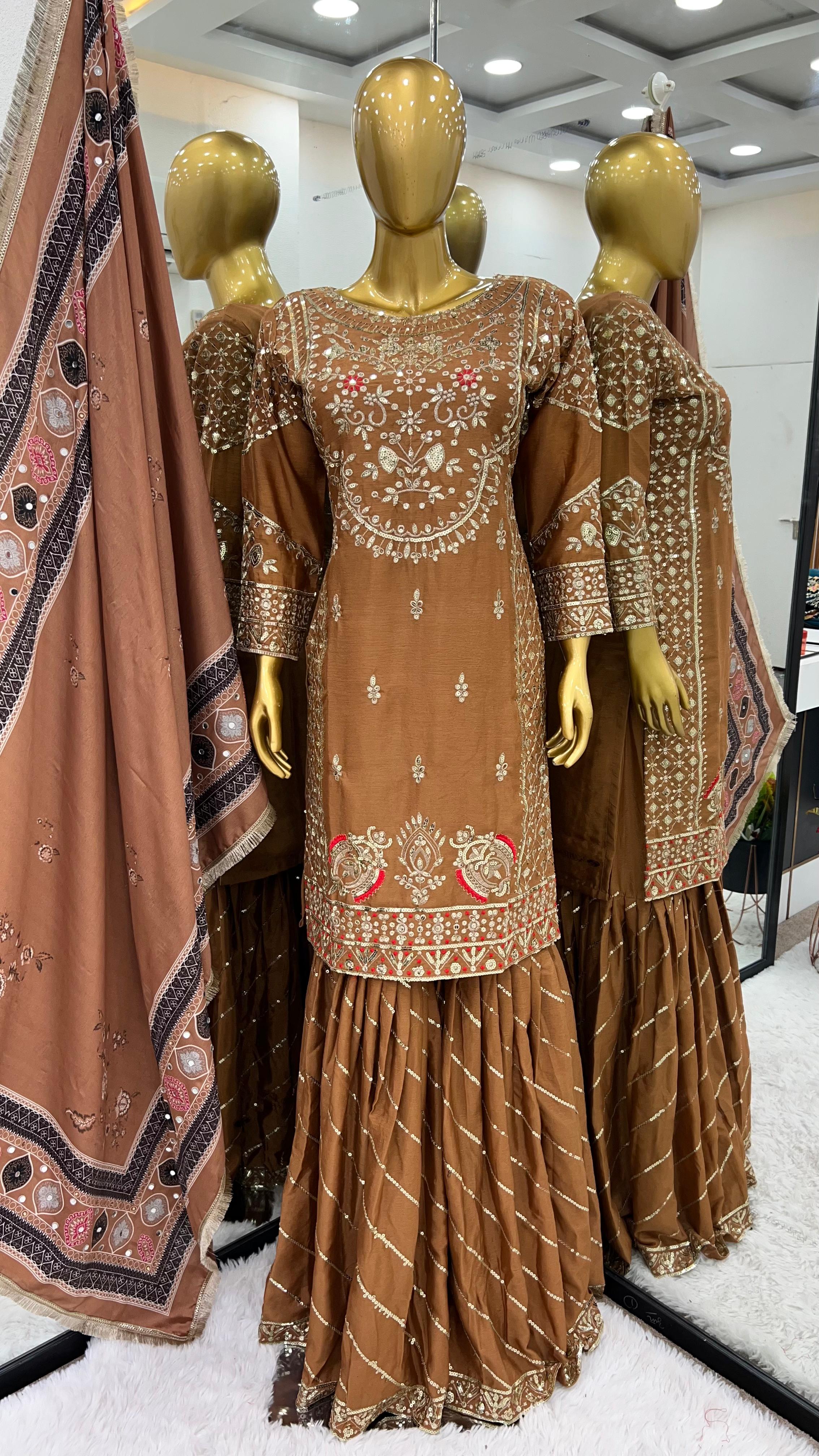 Graceful Brown Color Heavy Chinon Silk With 5mm Embroidery Sequence Work Sharara Suit