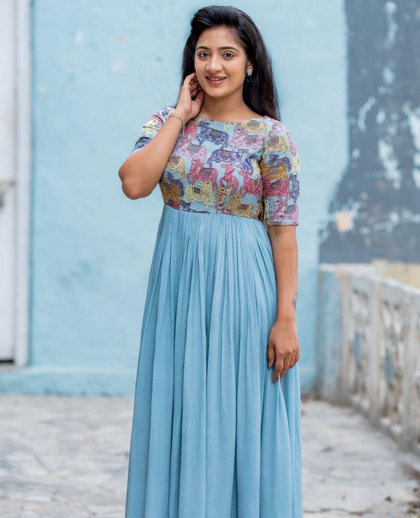 Embellished Sky Blue Color Chinon Handwork And Kalamkari Printed Designer Gown